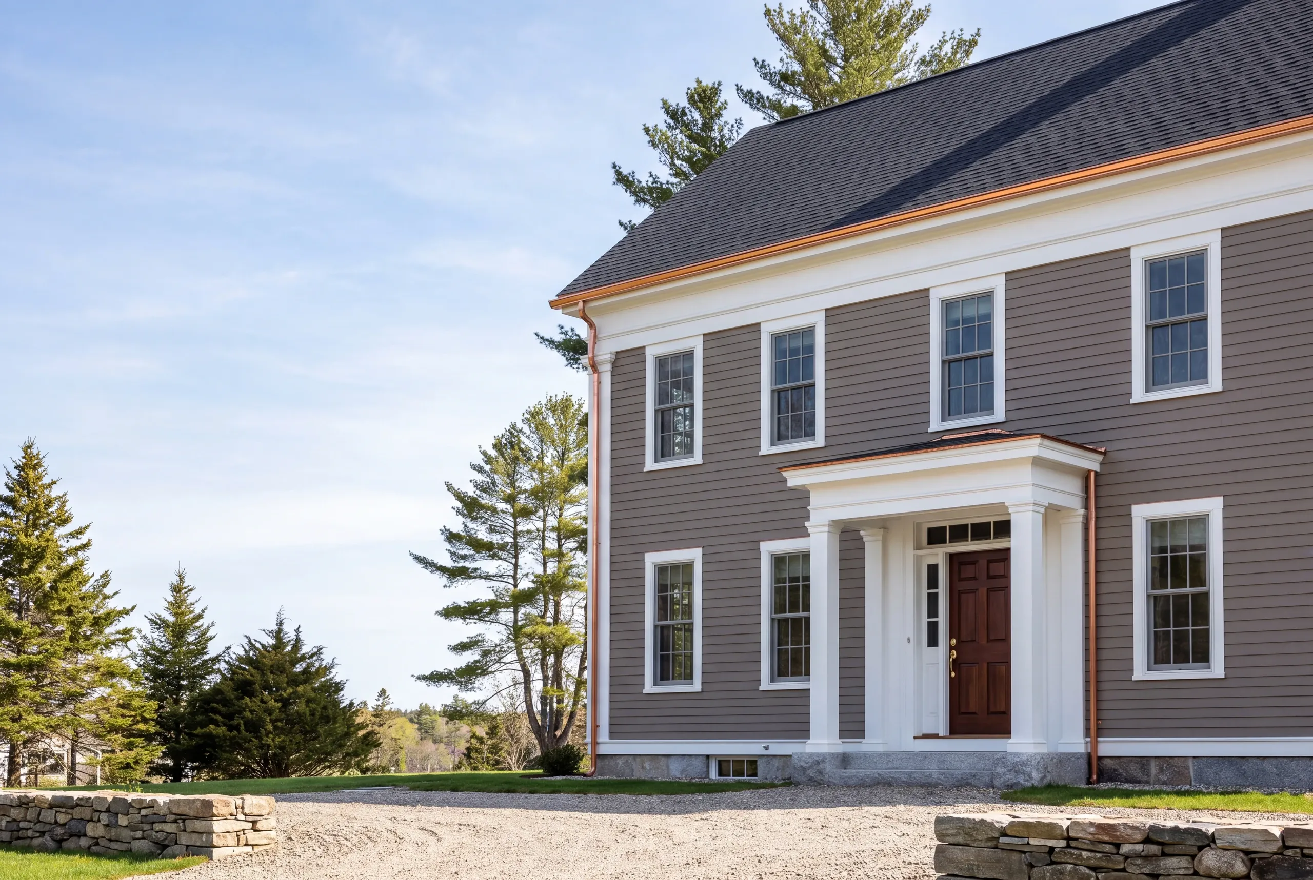 Construction company Belfast Maine: gray colonial with white portico, copper gutters and a fieldstone wall