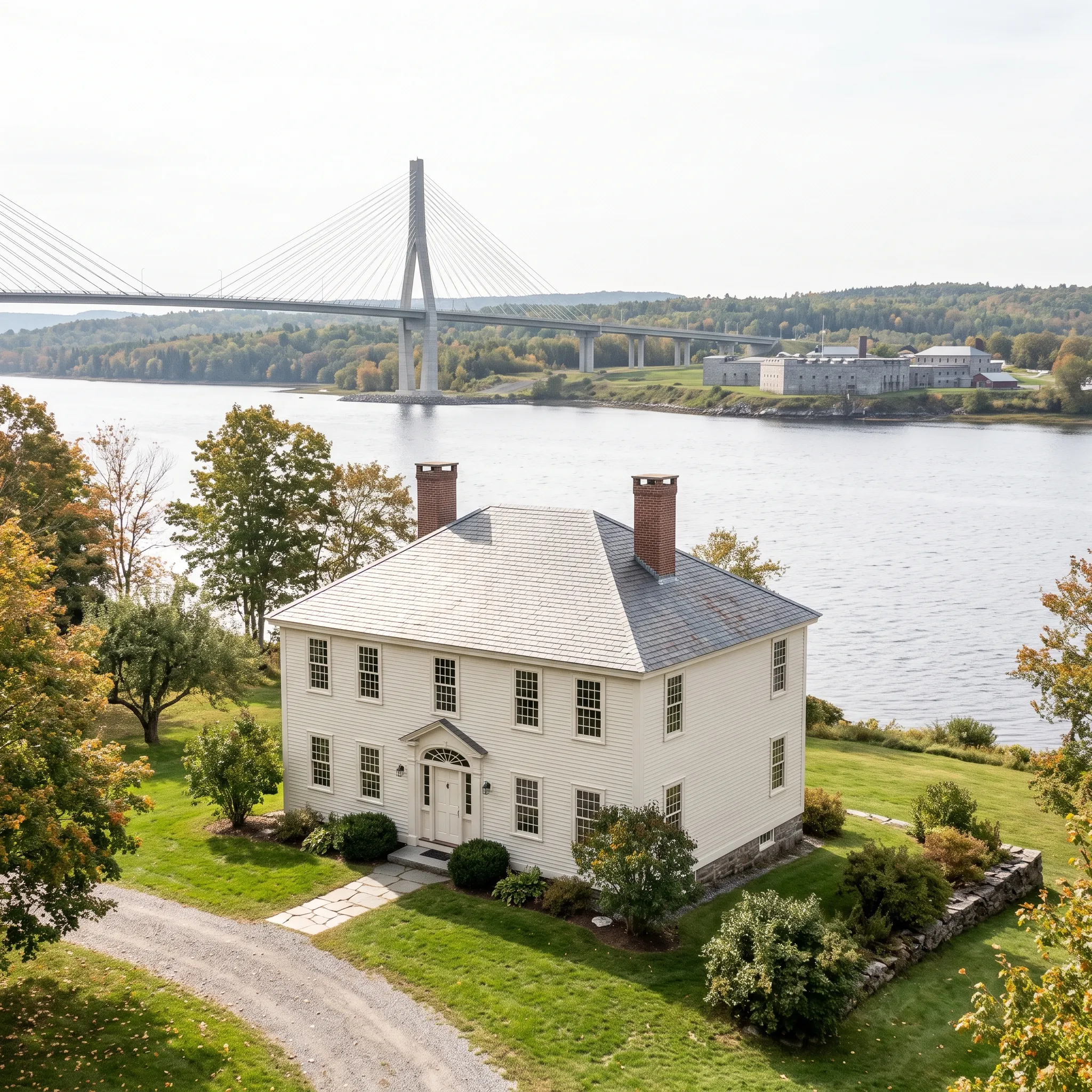 General contractor in Bucksport, ME: aerial of a cream hip-roof colonial on a riverbank with a cable-stayed bridge beyond