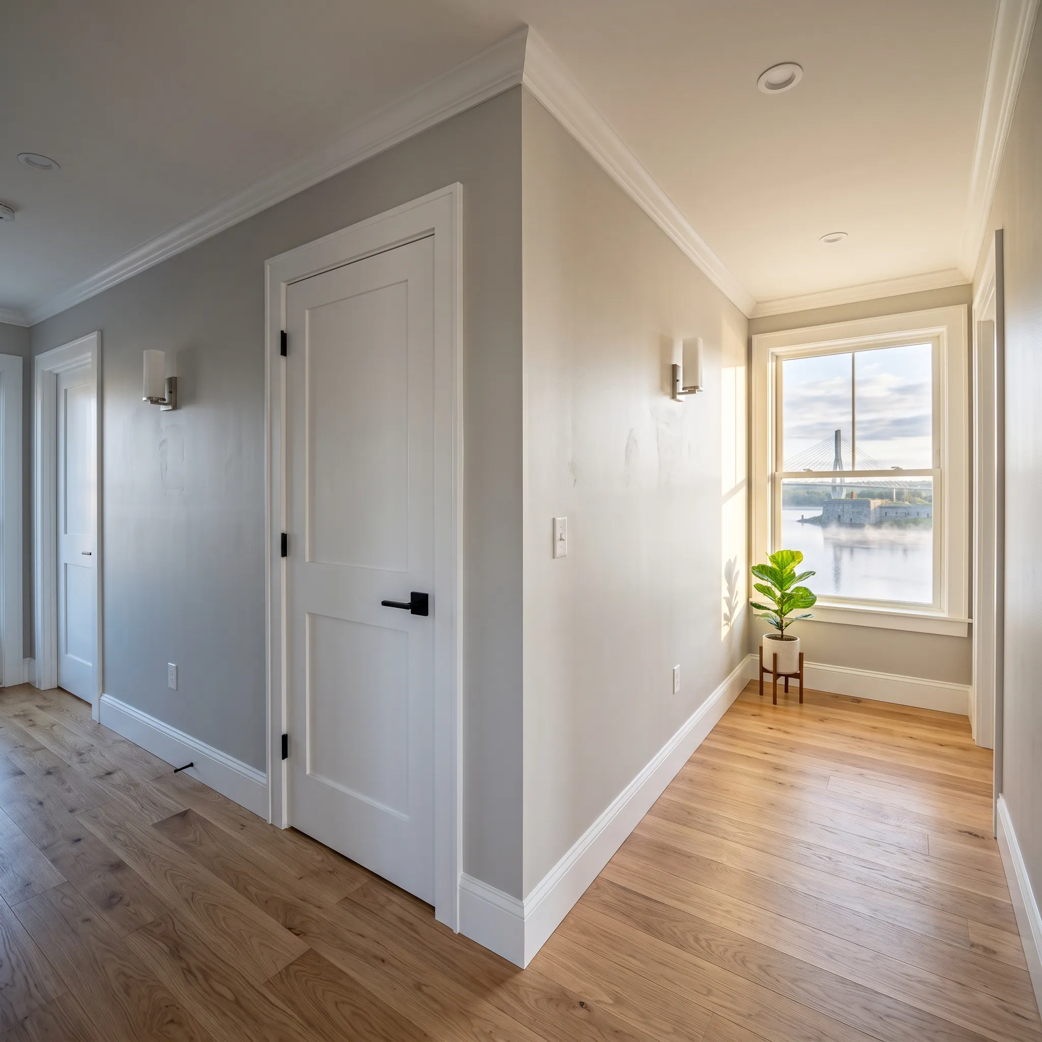 Residential general contractor Bucksport Maine: hallway with gray walls, white panel doors, oak floor and a window toward the river