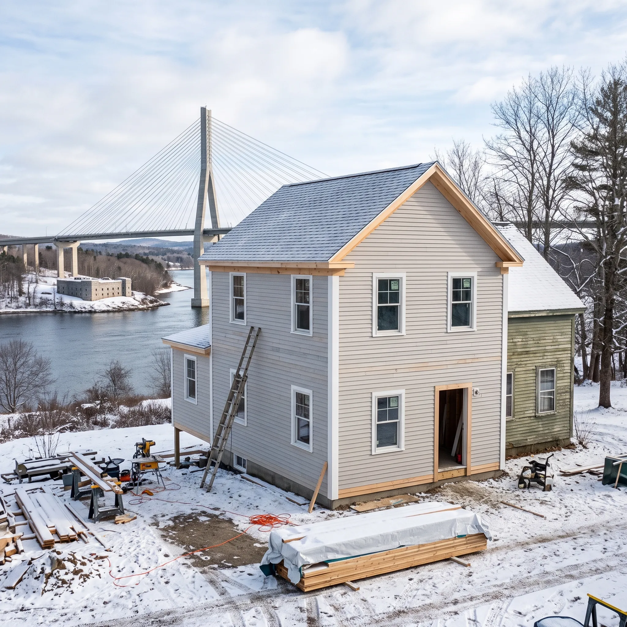 Construction company Bucksport Maine: new two-story light gray lap wing with bare wood trim, ladder and tarped lumber in snow