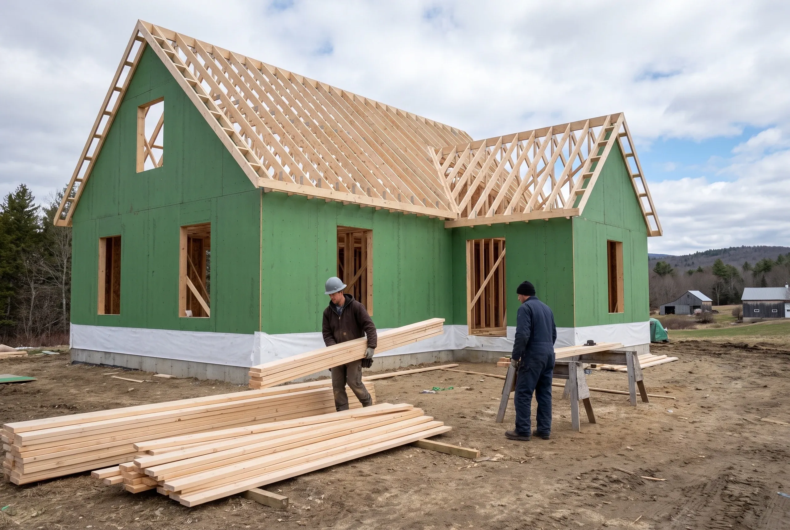 General contractor Bucksport Maine: cape and wing in green sheathing with roof trusses set, a worker in a hard hat carrying lumber
