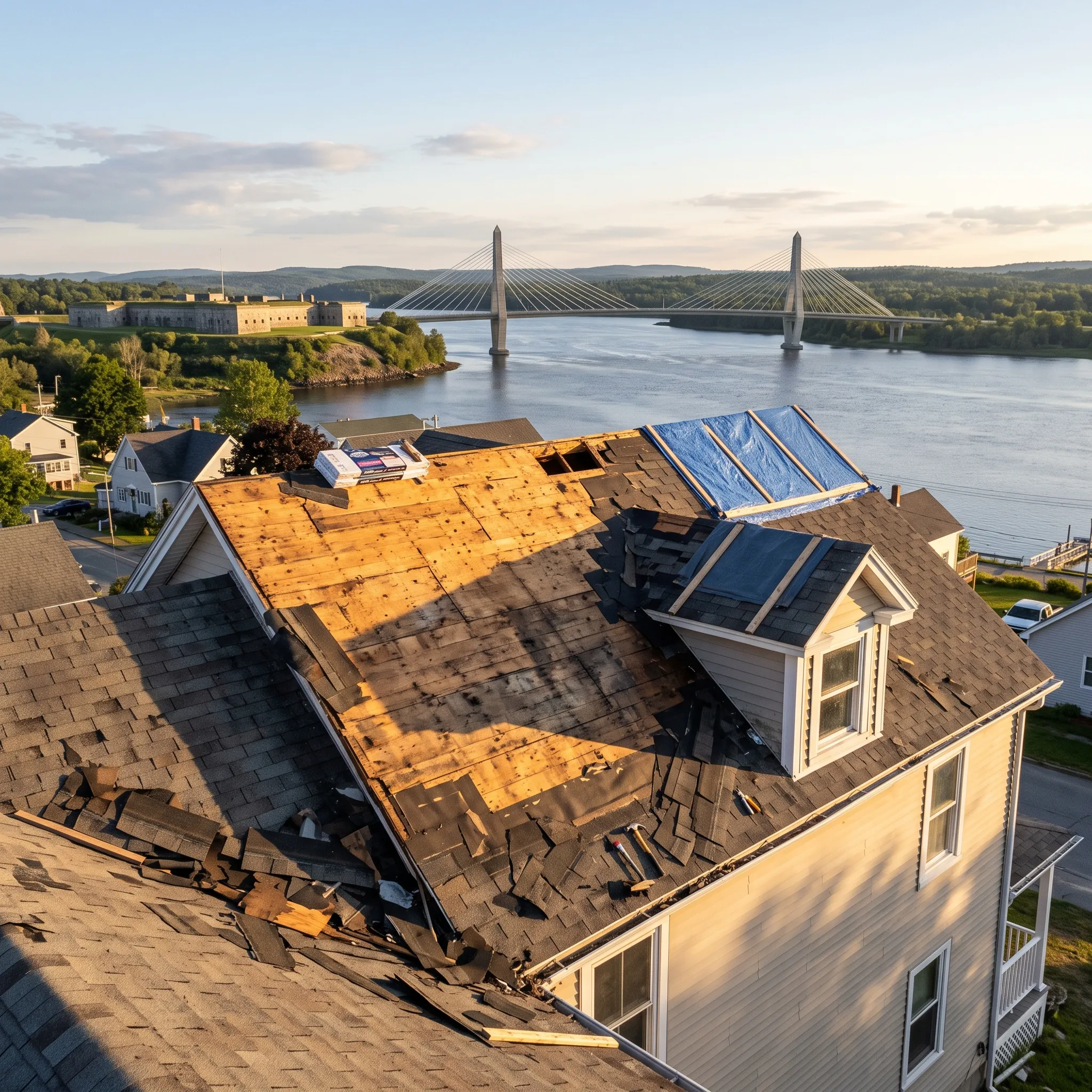 Residential general contractor Bucksport Maine: roof half stripped to bare boards with a blue tarp and shingle bundles above a river bridge