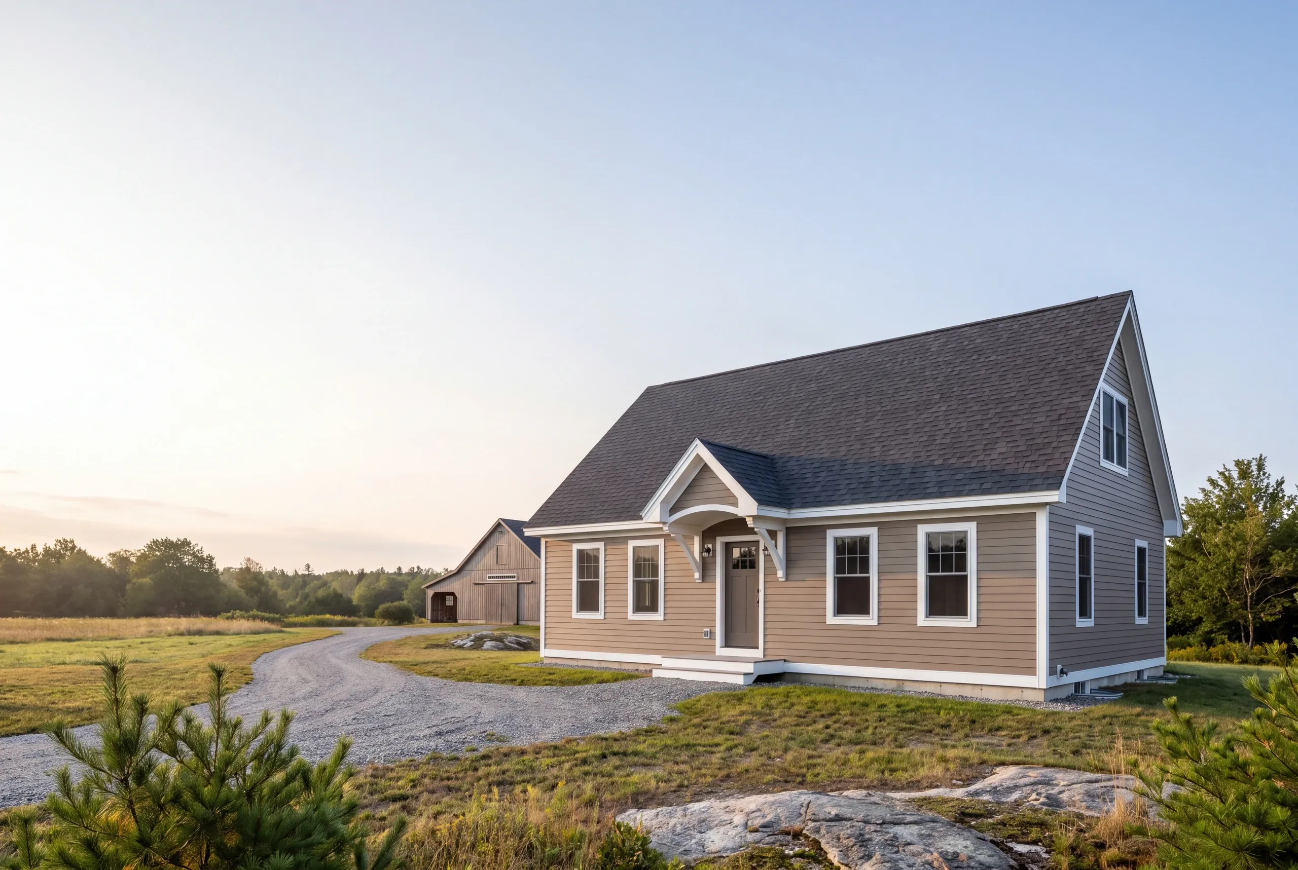 Construction company Bucksport Maine: taupe cape with gable portico, gravel drive and a barn in the field beyond