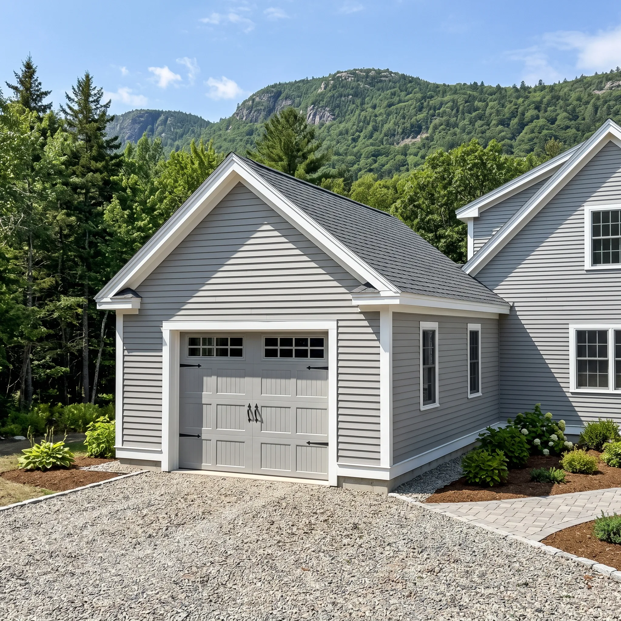 General contractor in Camden, ME: gray clapboard one-bay garage wing with carriage door on a gravel drive below mountains