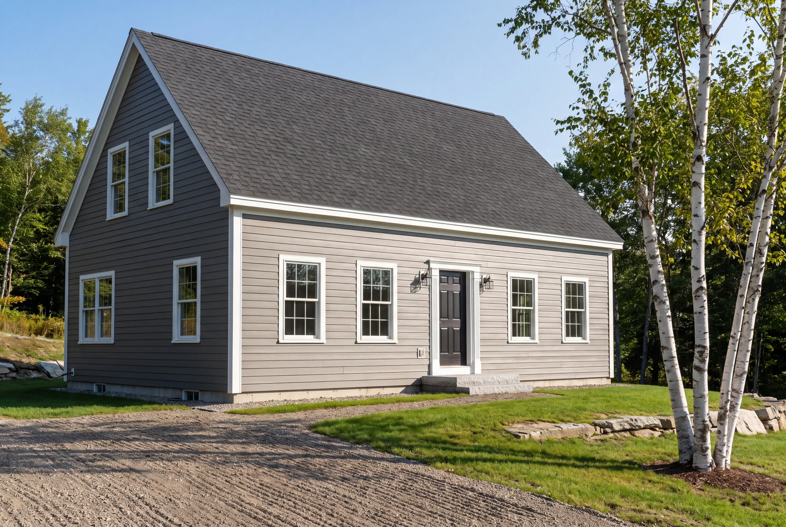 Residential general contractor Camden Maine: gray 1.5-story cape with birches and a freshly raked dirt drive