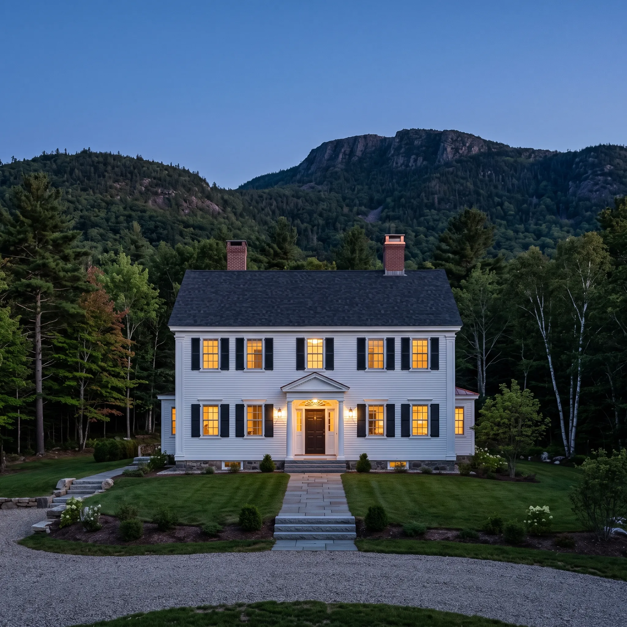 Construction company Camden Maine: white colonial with black shutters and lit windows at dusk below rounded mountains
