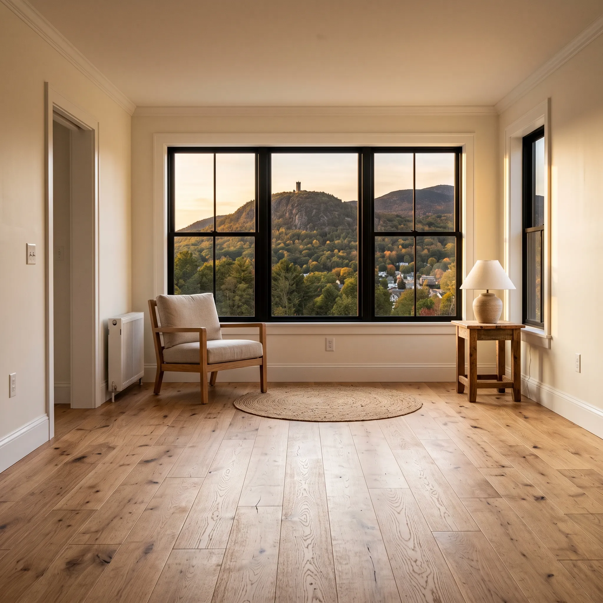General contractor Camden Maine: empty room with wood floor, chair, lamp and a black-framed window facing mountains