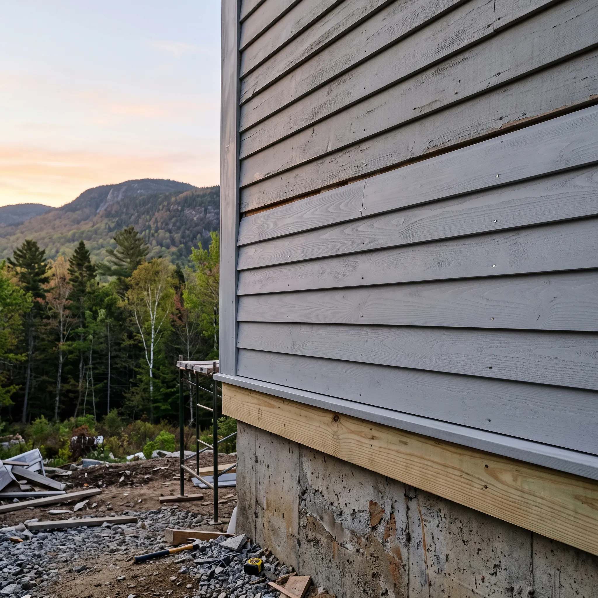Residential general contractor Camden Maine: gray lap siding partly replaced above a new pressure-treated sill, with scaffold and hammer