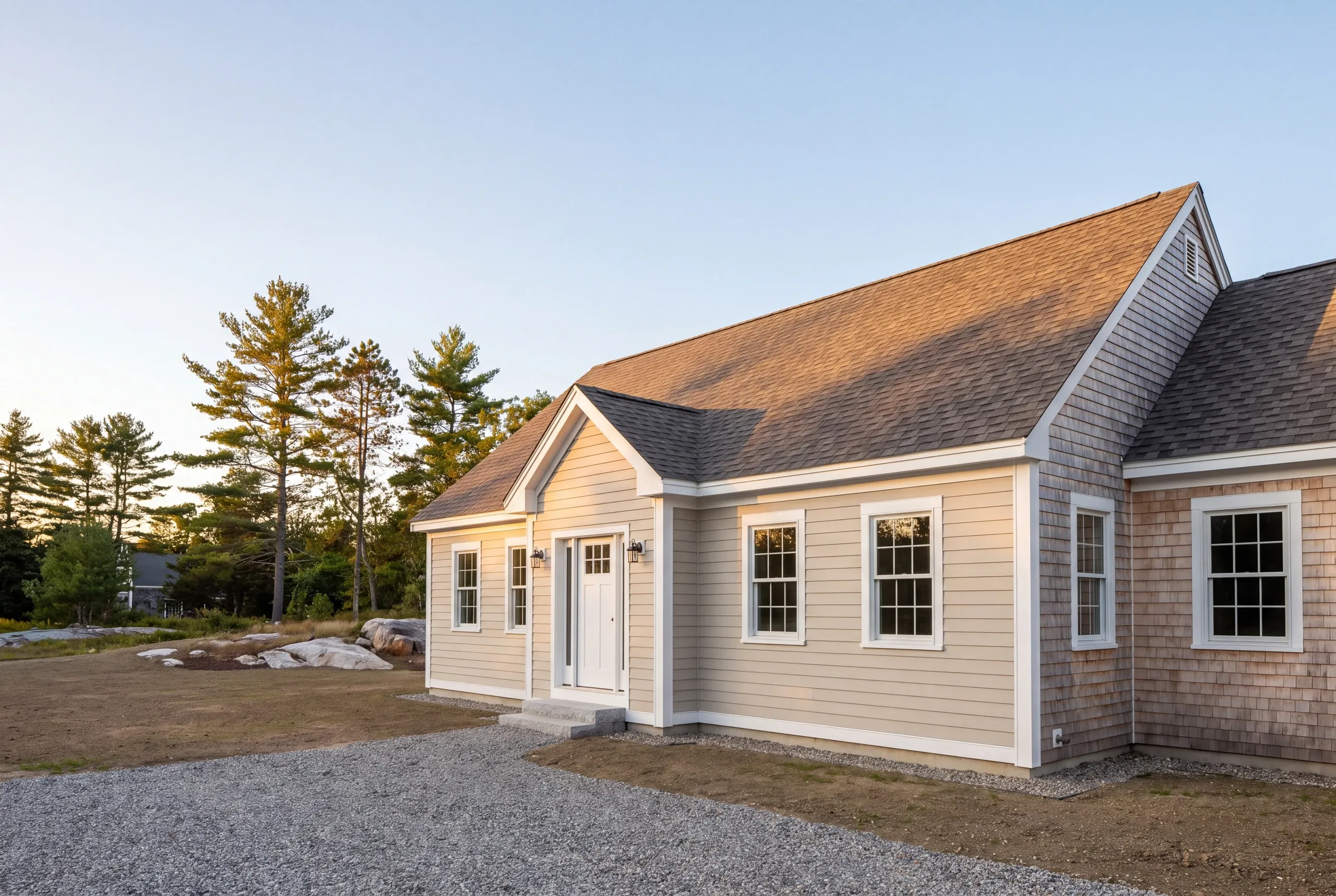 General contractor Midcoast Maine: cape with a gabled entry, tan clapboards and a cedar-shingled wing on a new gravel drive