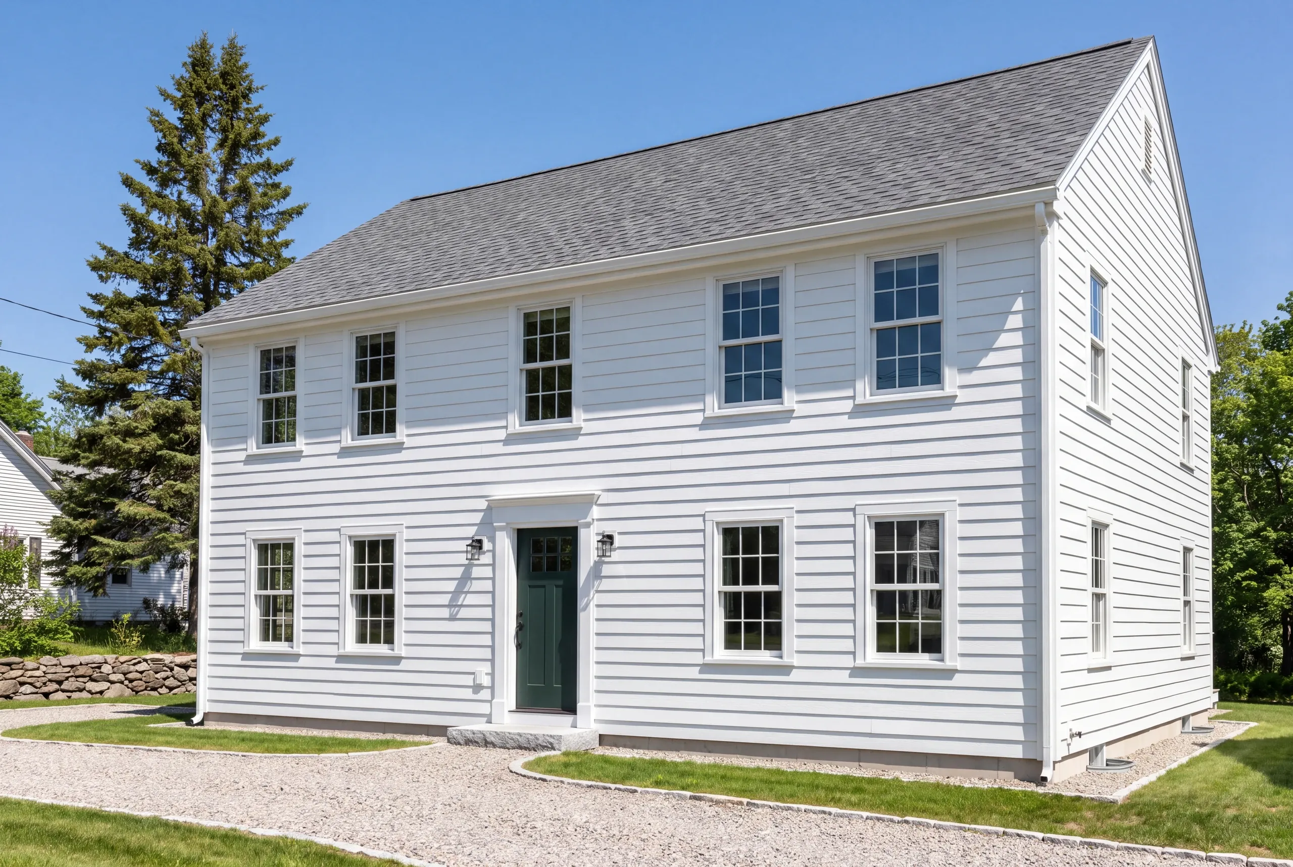 General contractor in Damariscotta, ME: white two-story clapboard colonial with green door on a gravel drive