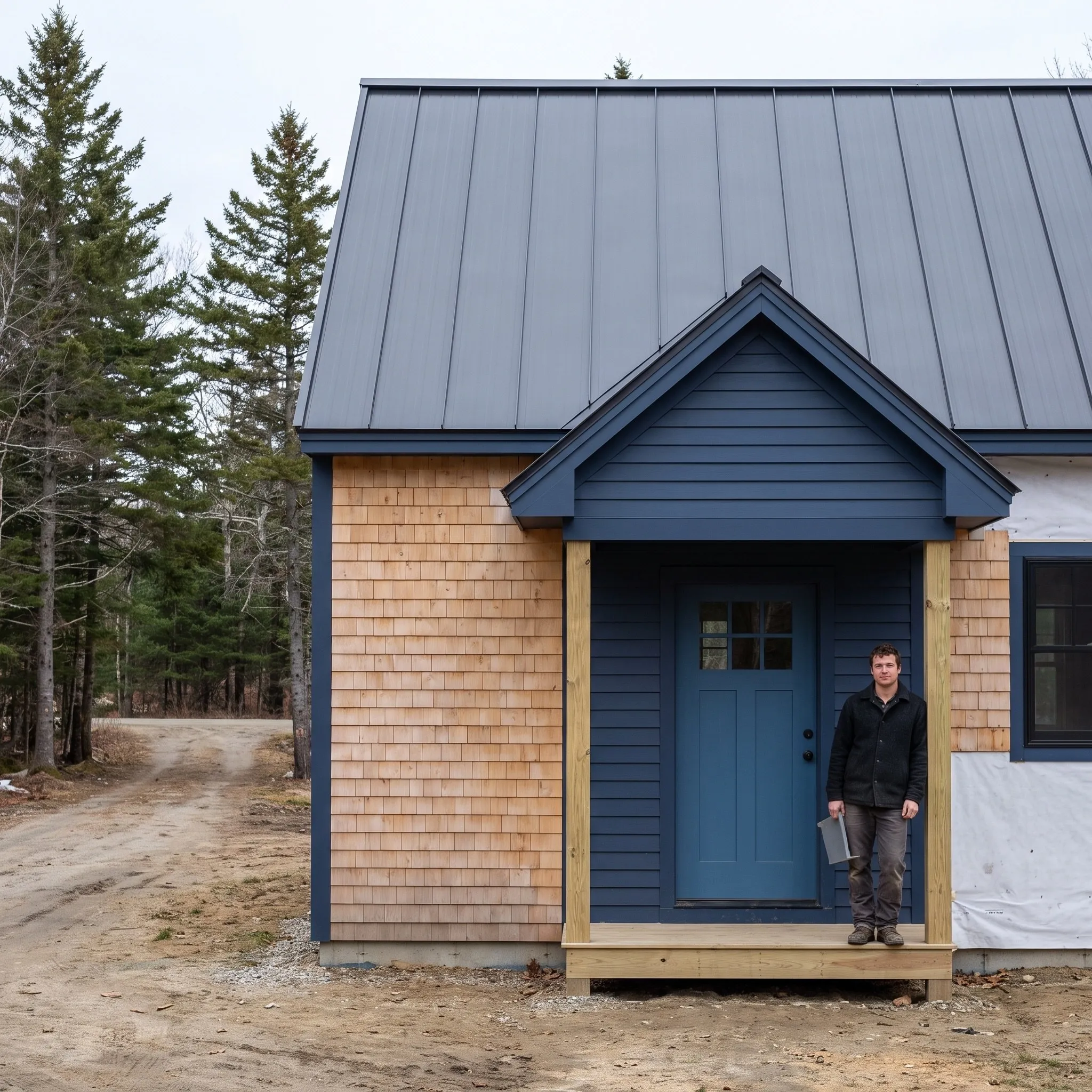 Residential general contractor Damariscotta Maine: cedar shingle cottage with a navy entry portico, blue door and standing seam roof