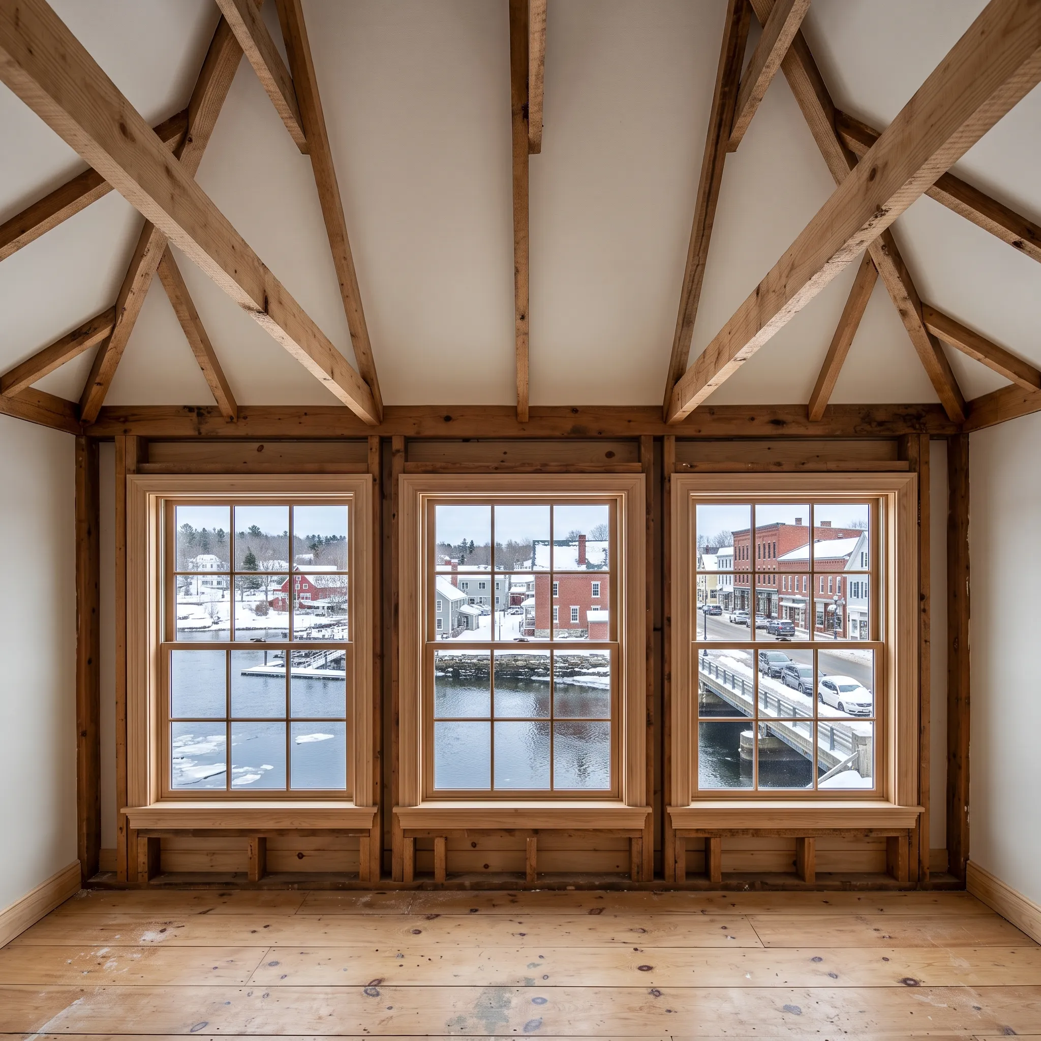 Construction company Damariscotta Maine: room with timber rafters, wide pine floor and three windows looking out over a harbor