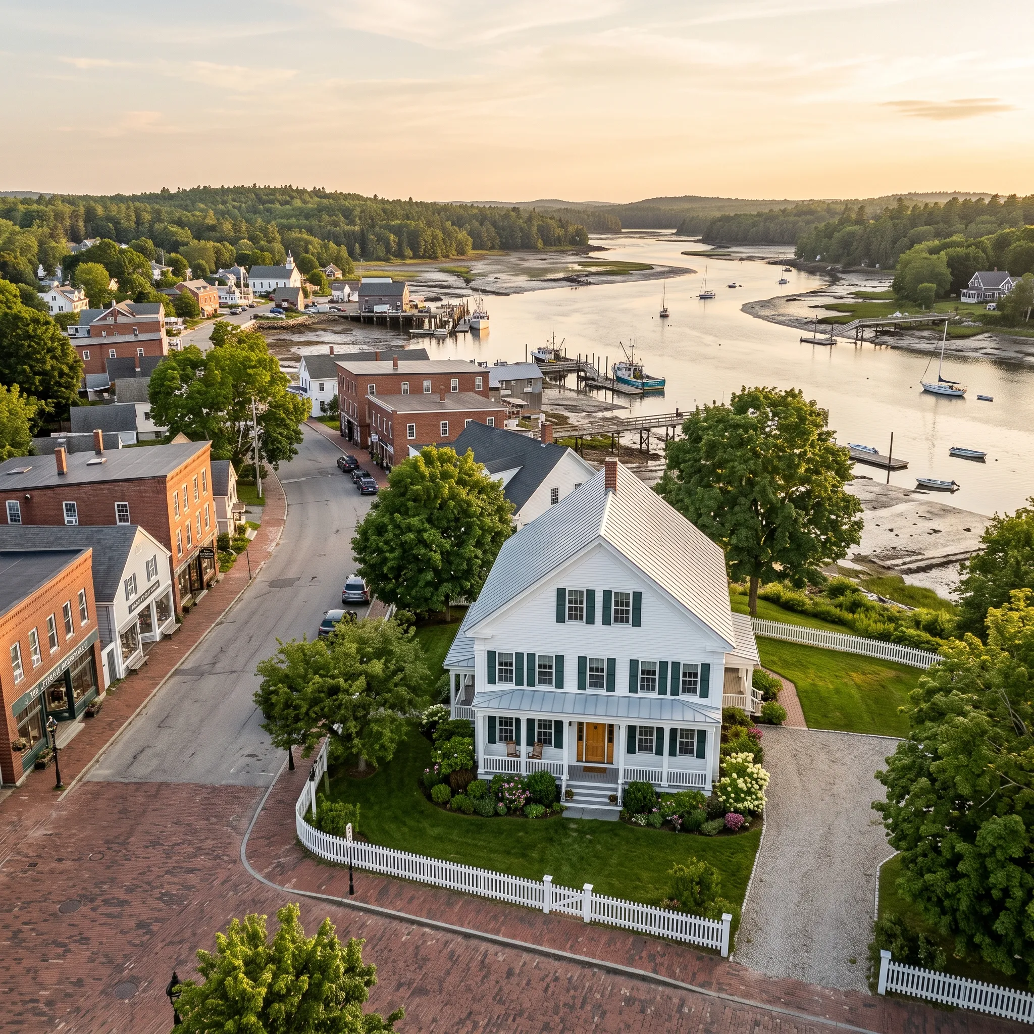 General contractor Damariscotta Maine: aerial of a white Federal house with black shutters, picket fence and brick walk by a harbor