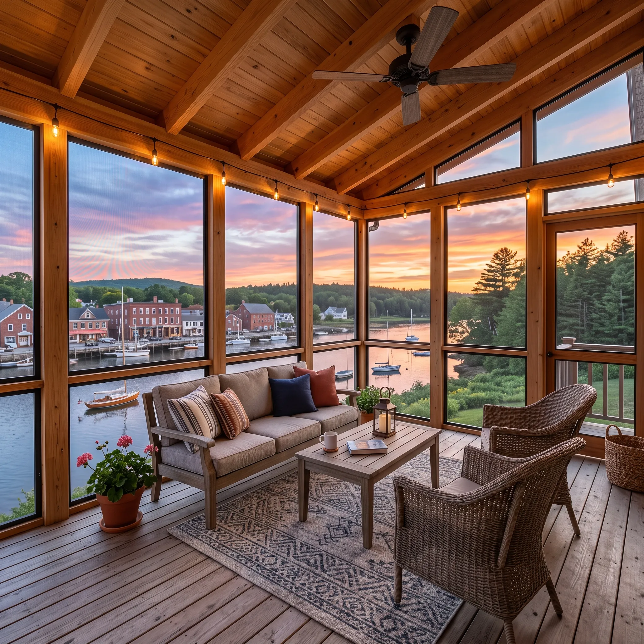 Residential general contractor Damariscotta Maine: screened porch with timber ceiling, fan and wicker sofa facing a harbor at sunset