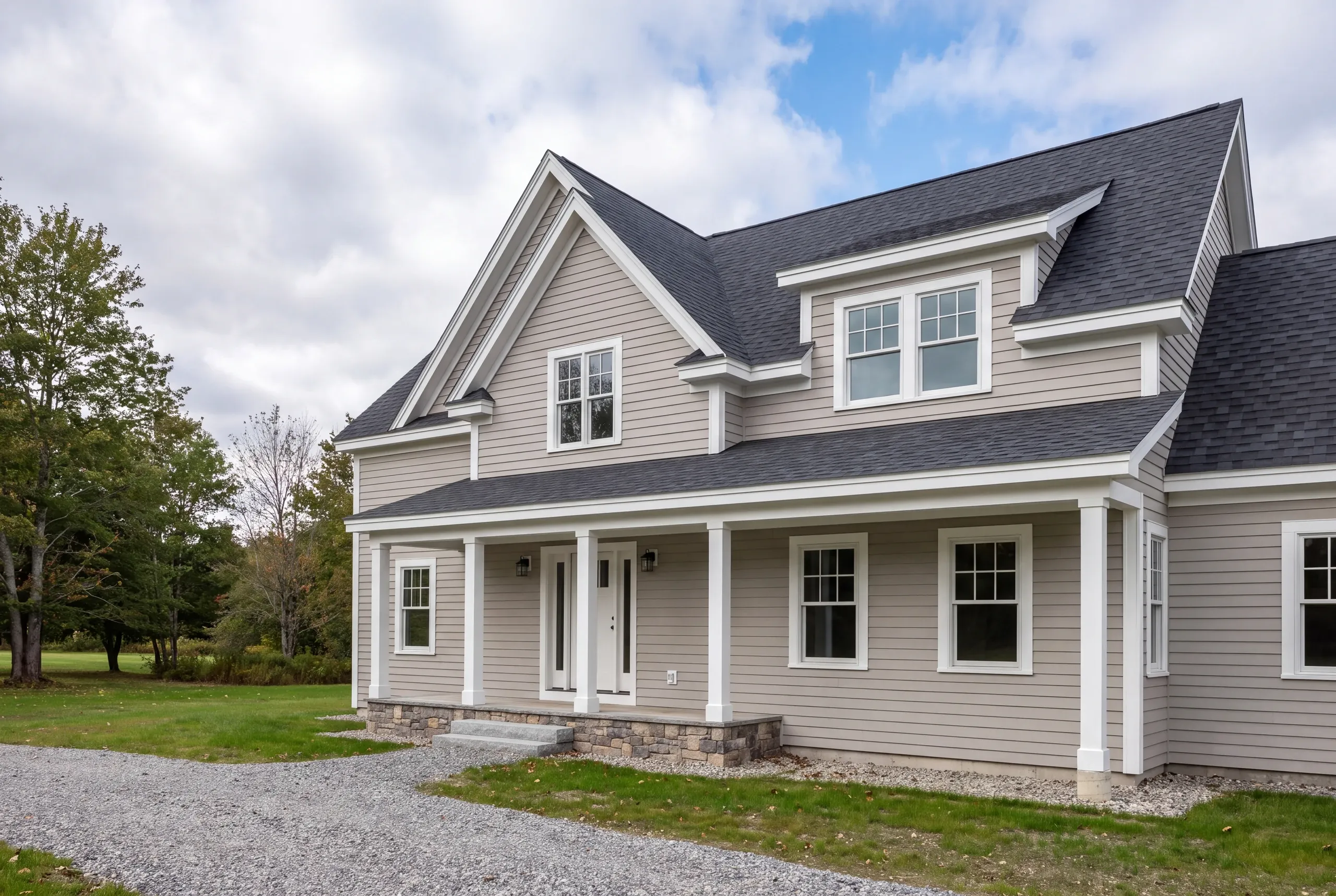 Construction company Damariscotta Maine: gray two-story house with dormers and a full-width farmer's porch