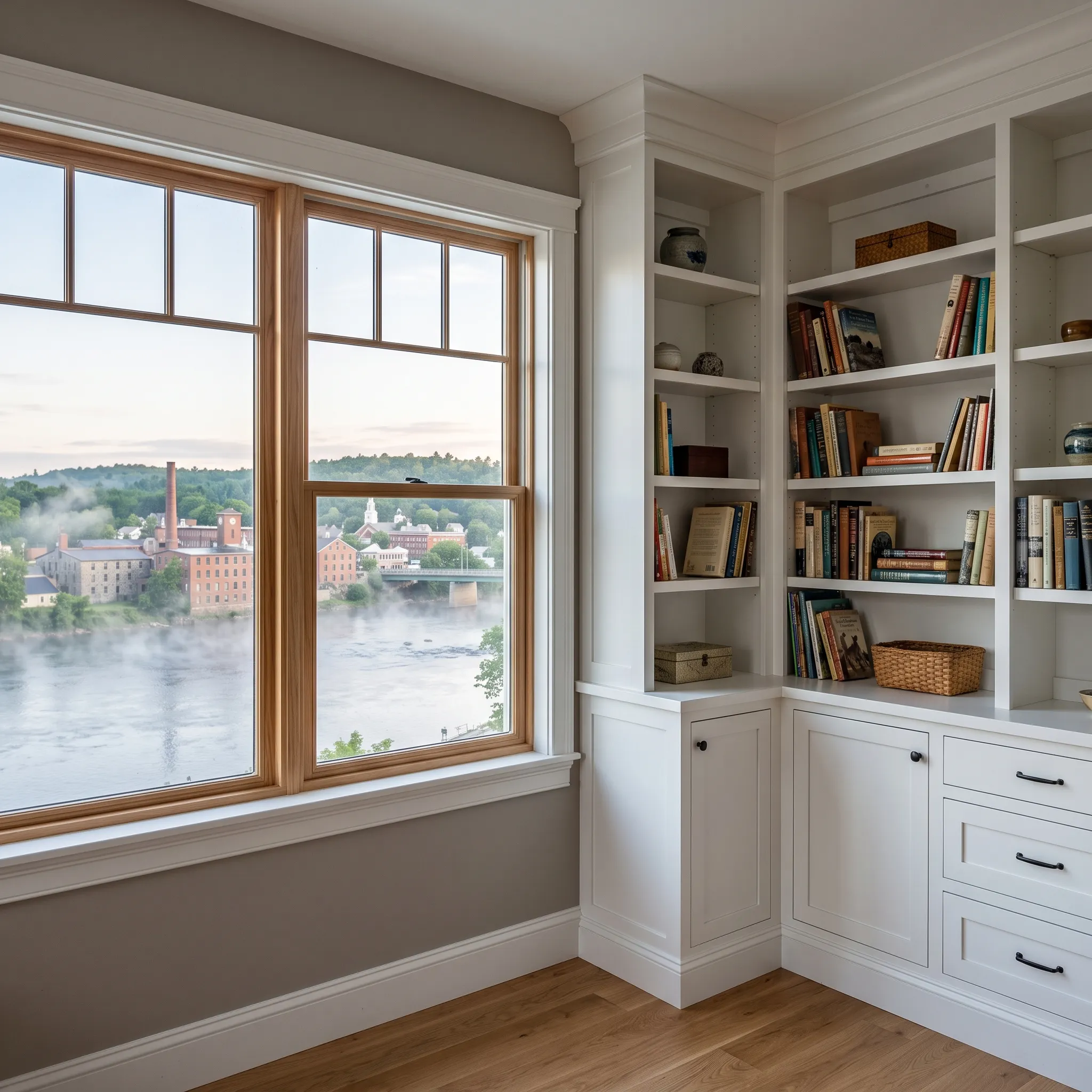 General contractor in Fairfield, ME: white built-in bookshelves and cabinets beside a window over a misty river and mill town