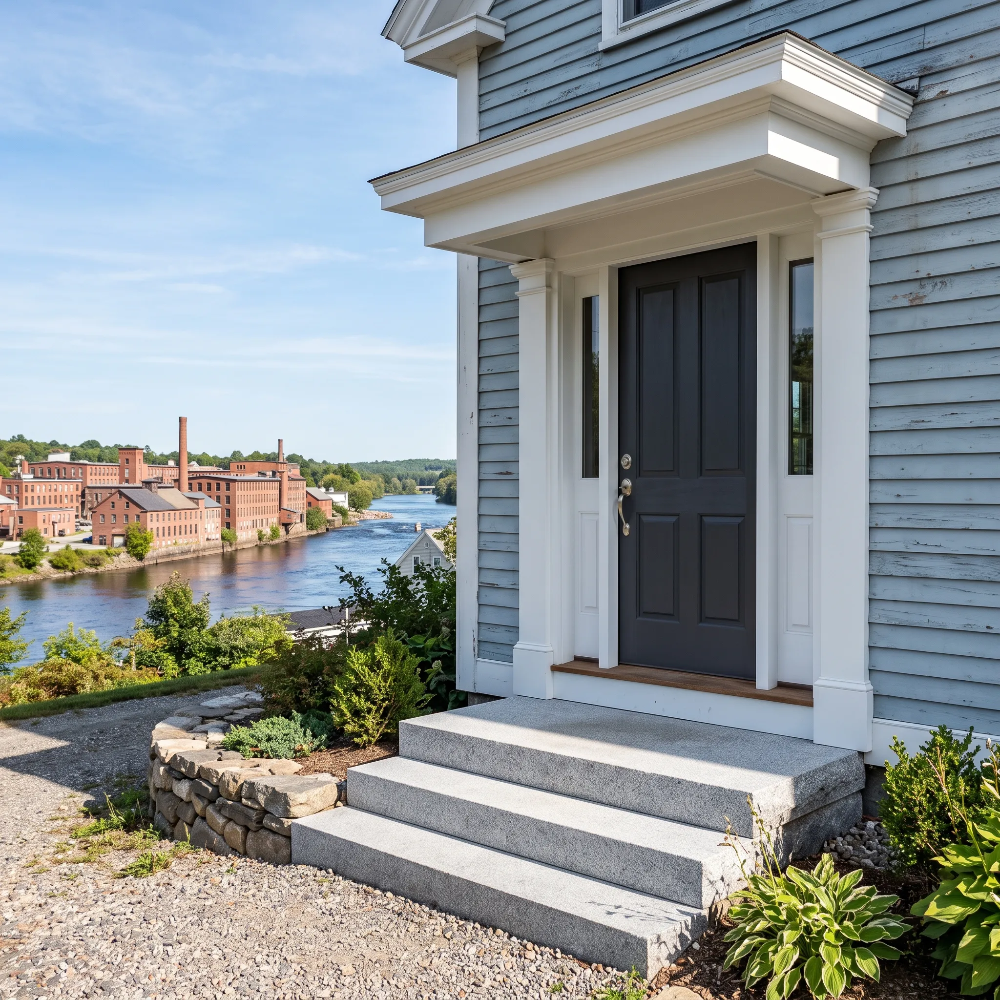 Residential general contractor Fairfield Maine: entry portico with black door and granite steps on blue-gray clapboard by river mills