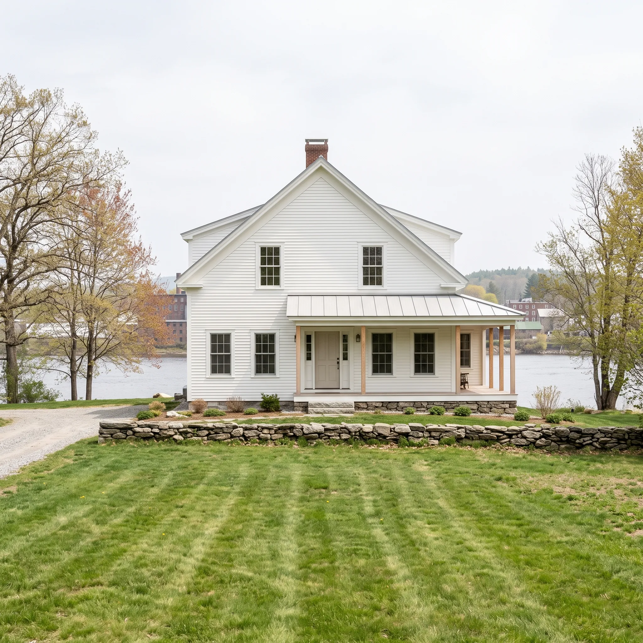 Construction company Fairfield Maine: white farmhouse with a metal-roofed porch, mowed lawn and stone wall near a river