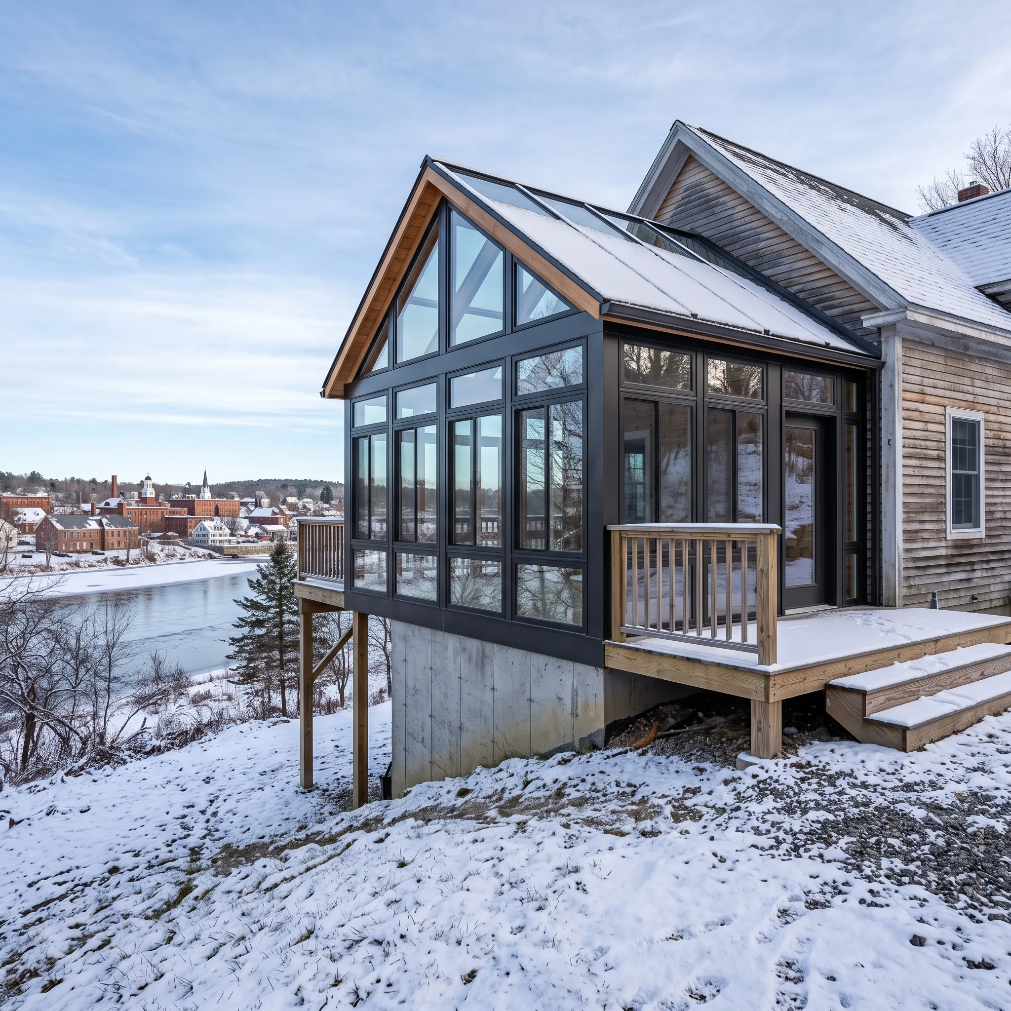 General contractor Fairfield Maine: black-framed glass sunroom on a concrete base with wood deck steps in snow by a river