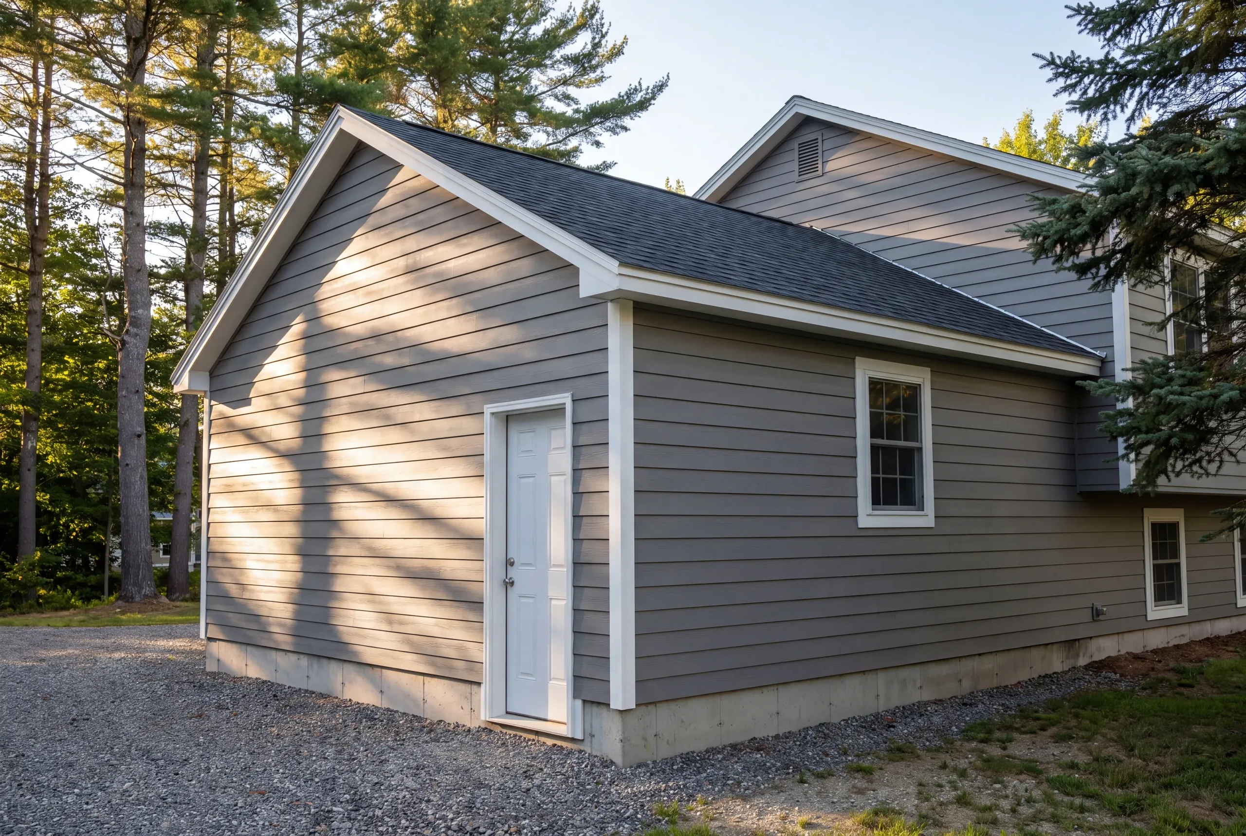 Residential general contractor Fairfield Maine: gray lap gabled wing with white side door and window on a split-level house