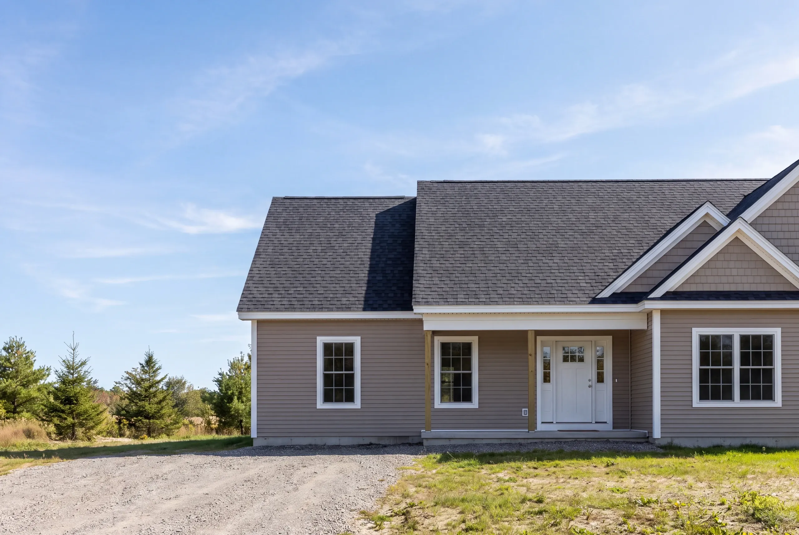 Construction company Fairfield Maine: gray single-story house with white entry door and white trim