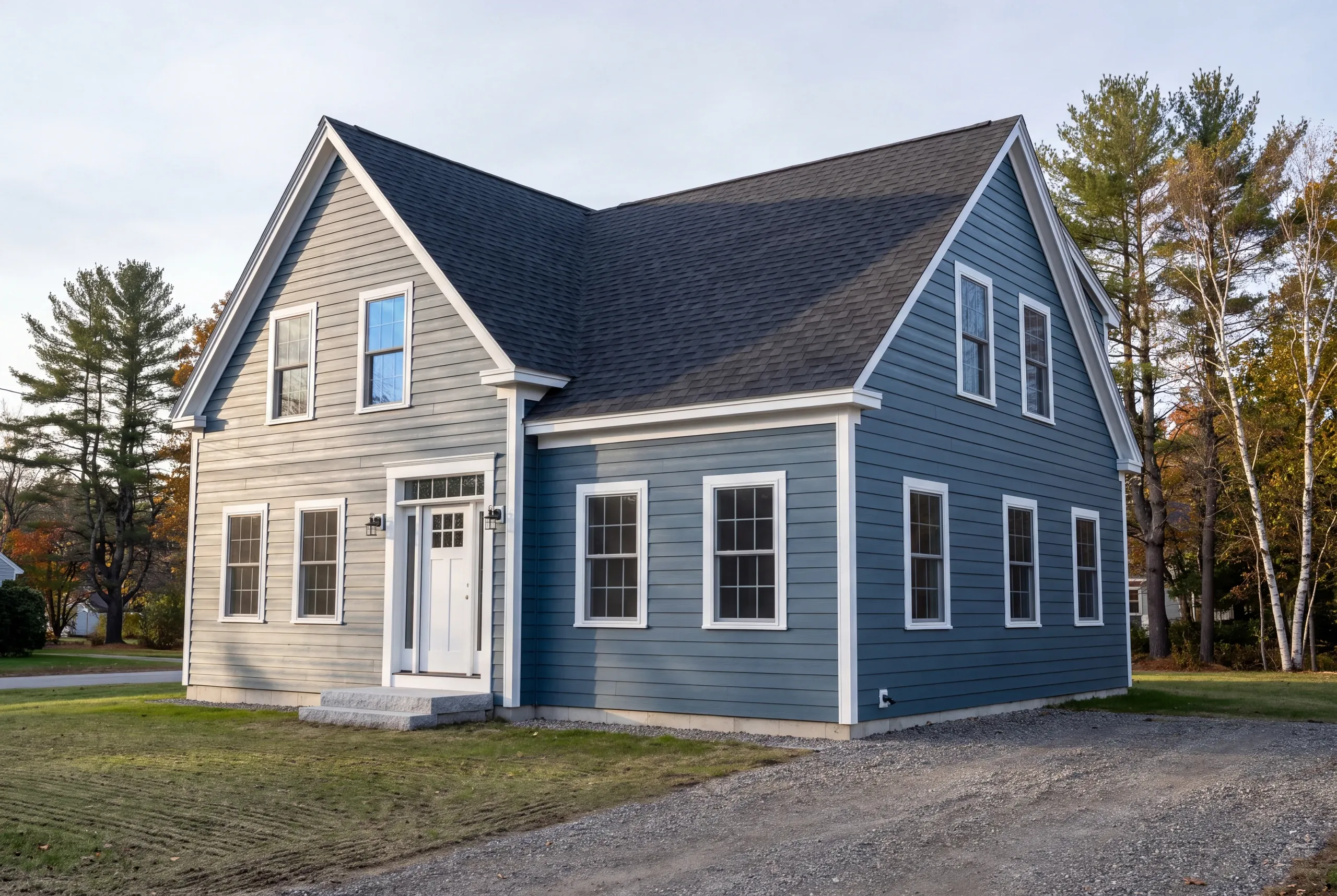 General contractor in Gardiner, ME: 1.5-story cape sided in two colors, gray front and blue side, on a gravel drive