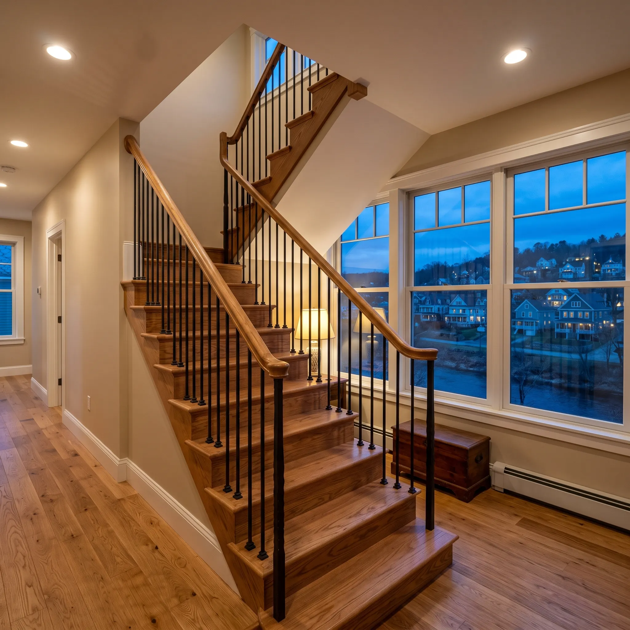 Residential general contractor Gardiner Maine: staircase with wood treads and black balusters beside tall windows over a river at dusk