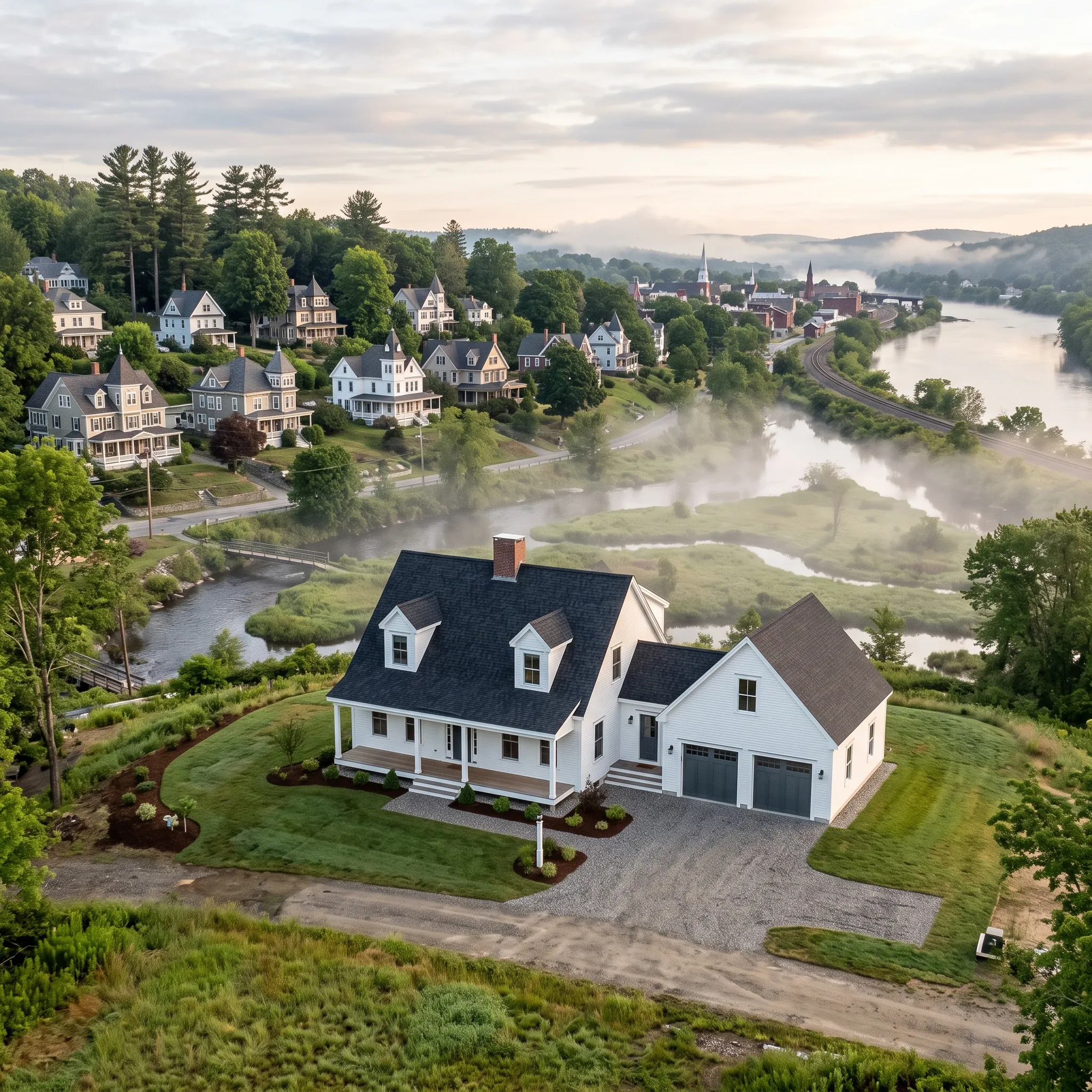 Construction company Gardiner Maine: aerial of a white cape with dormers, farmer's porch and attached two-car garage by a river