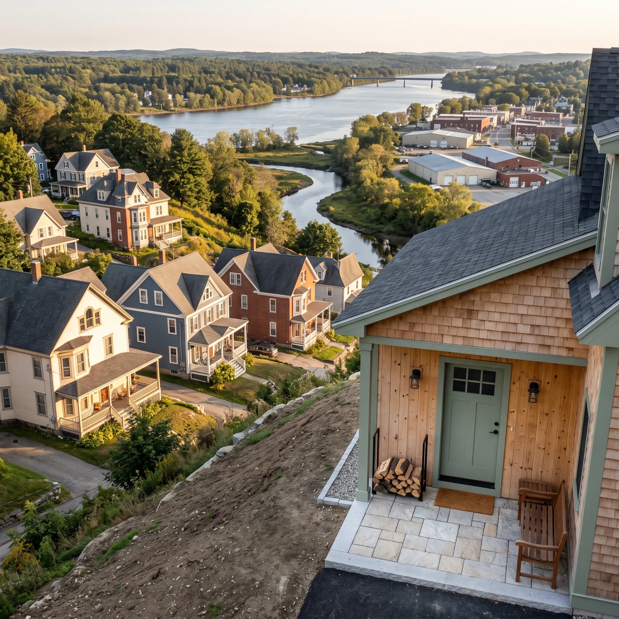 General contractor Gardiner Maine: cedar shingle entry with sage door and stone patio on a raw slope above a river town