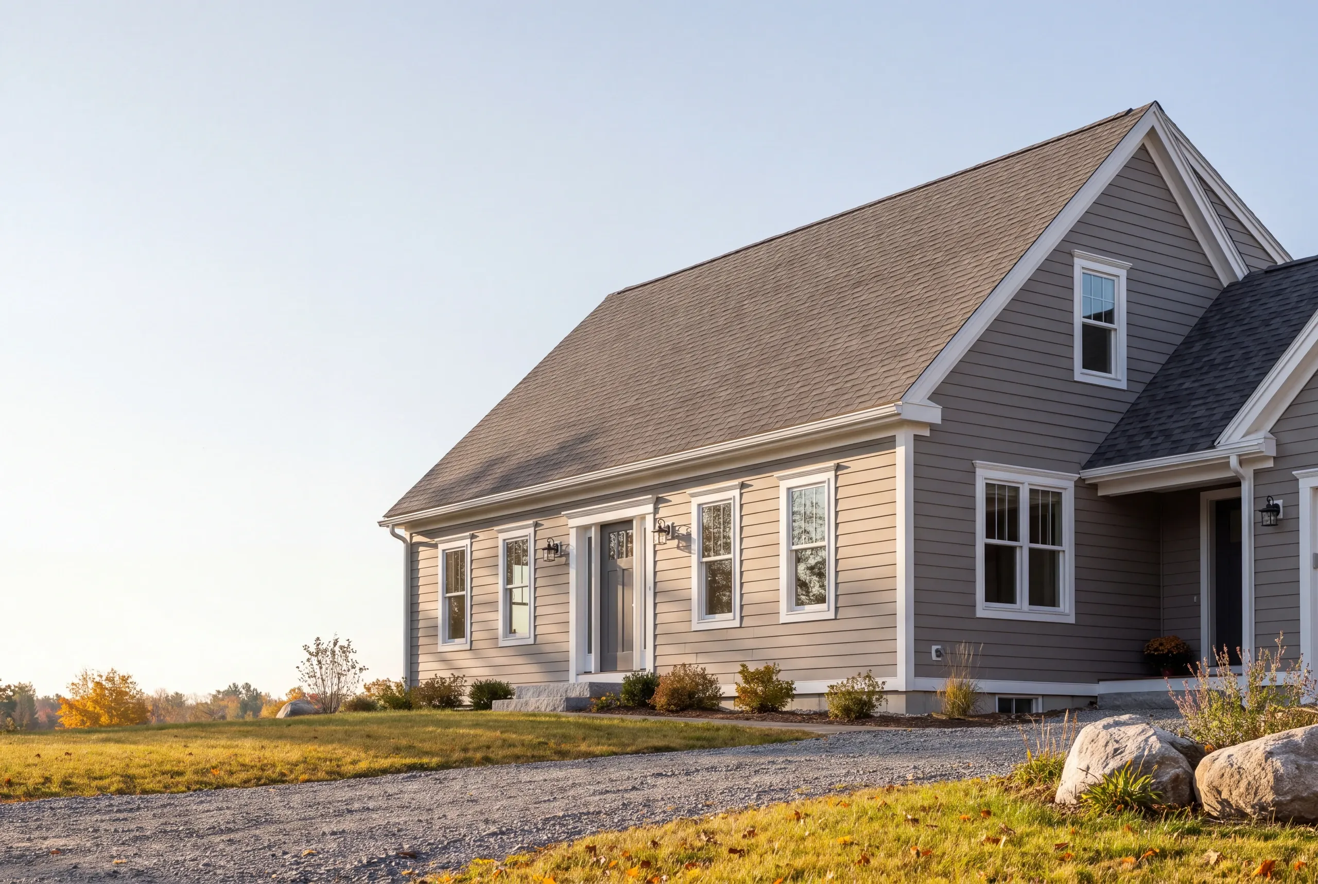 Construction company Gardiner Maine: gray cape with attached wing, boulders and a gravel drive in low sun