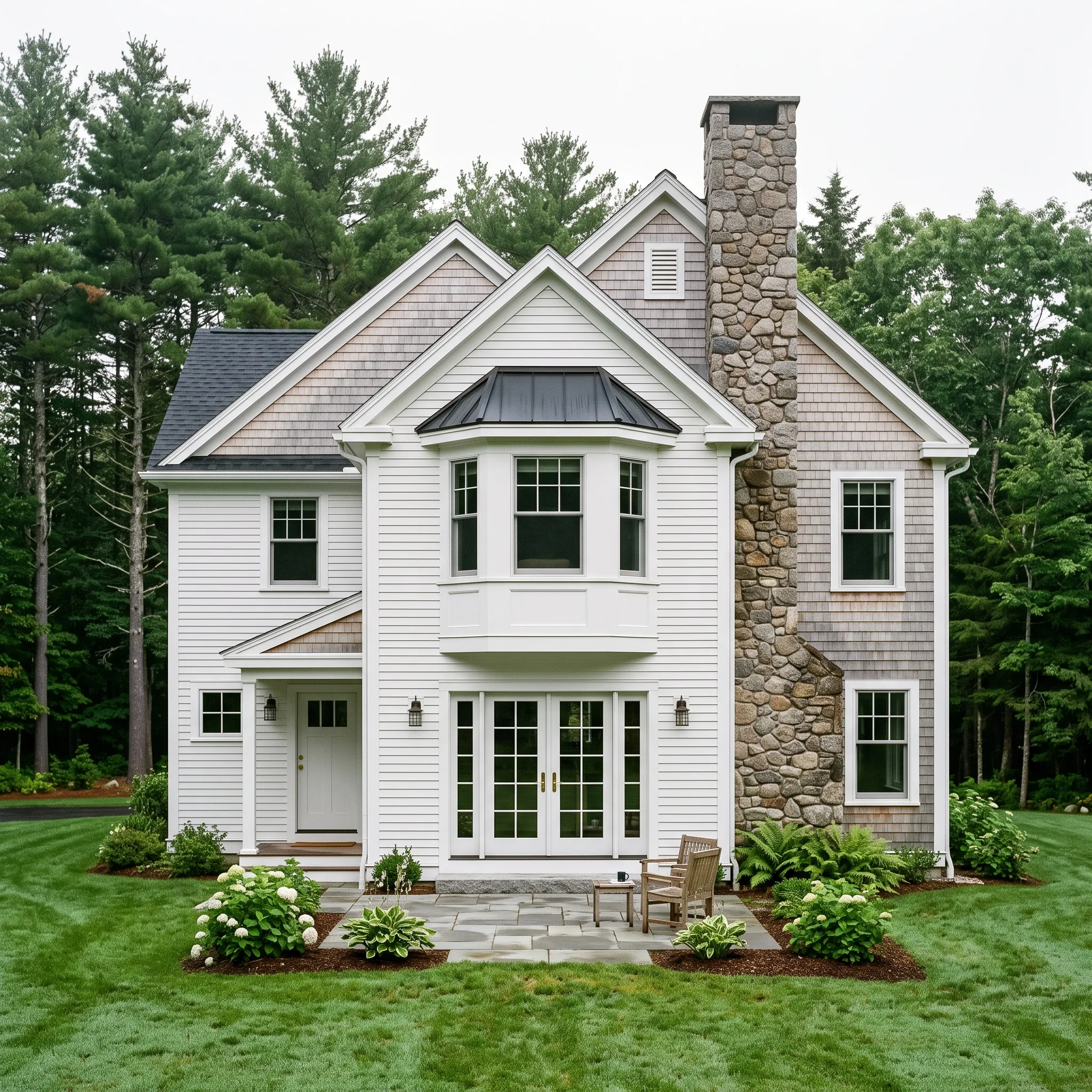 General contractor Midcoast Maine: white clapboard house with a bay window, cedar shingle gables and a fieldstone chimney