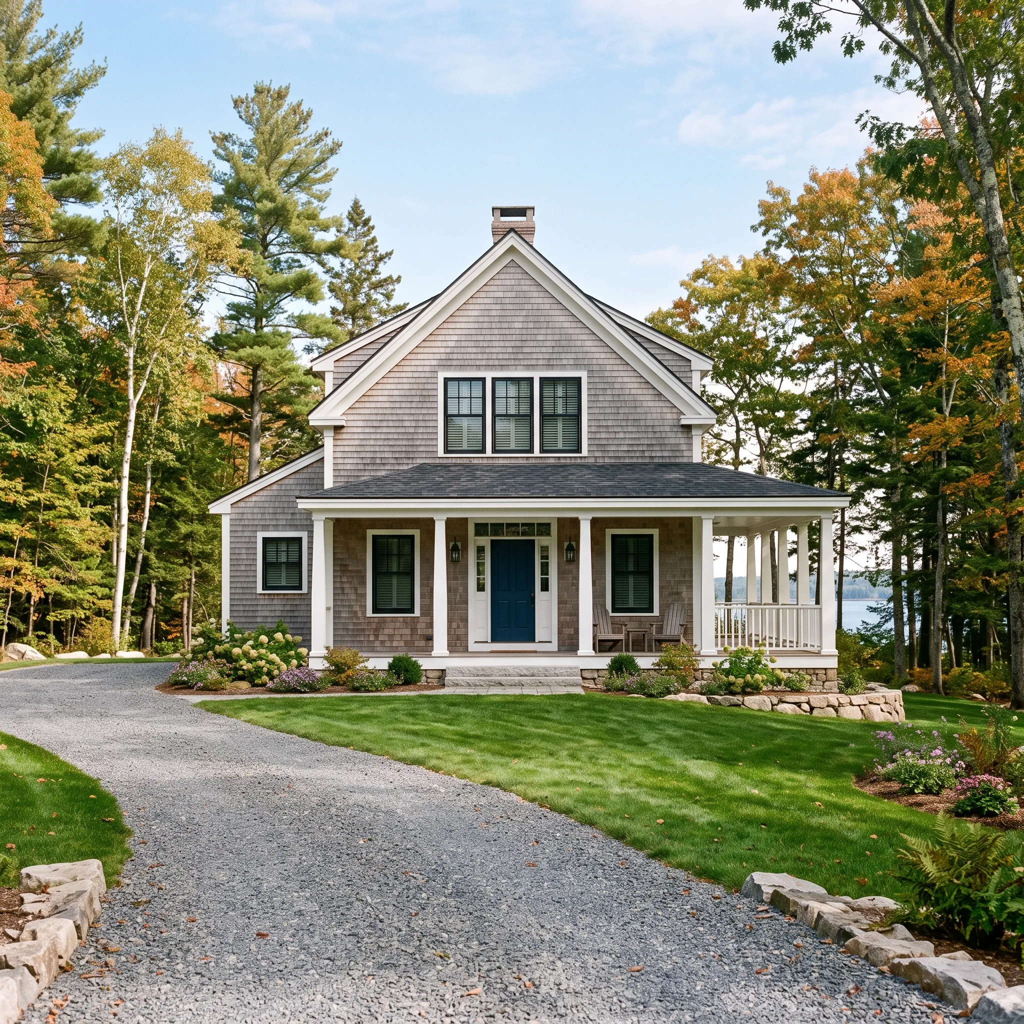Residential general contractor Midcoast Maine: cedar-shingled story-and-a-half house with a wraparound porch and navy door near the water