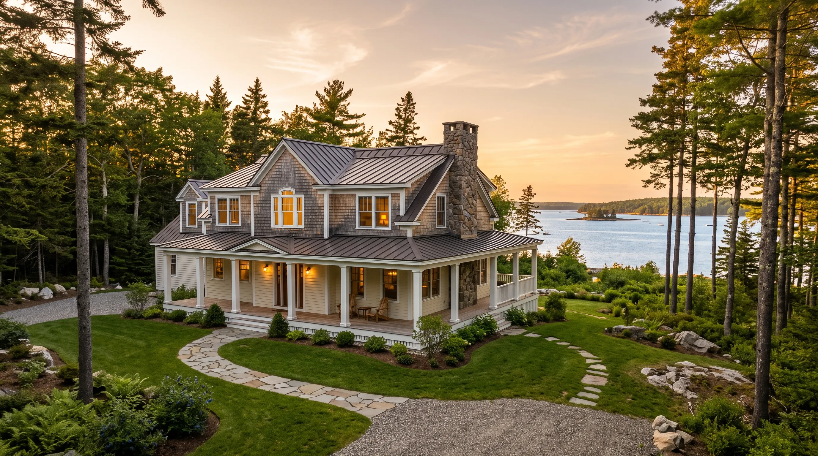 Construction company Midcoast Maine: shingle-style house with wraparound porch, standing seam roof and stone chimney above a bay