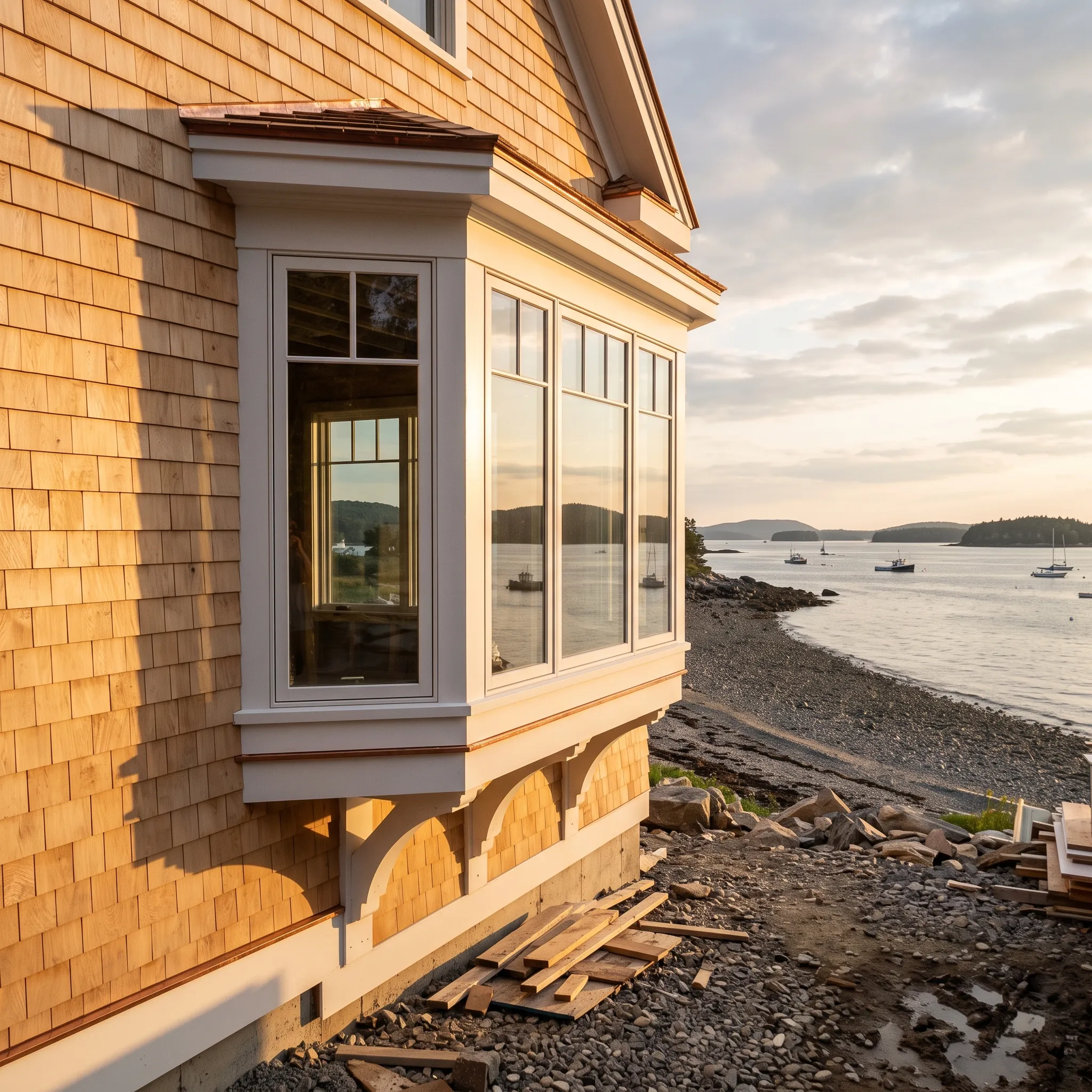 General contractor in Lincolnville, ME: cedar shingle house with a bay window, scrap lumber below and a beach and harbor beyond