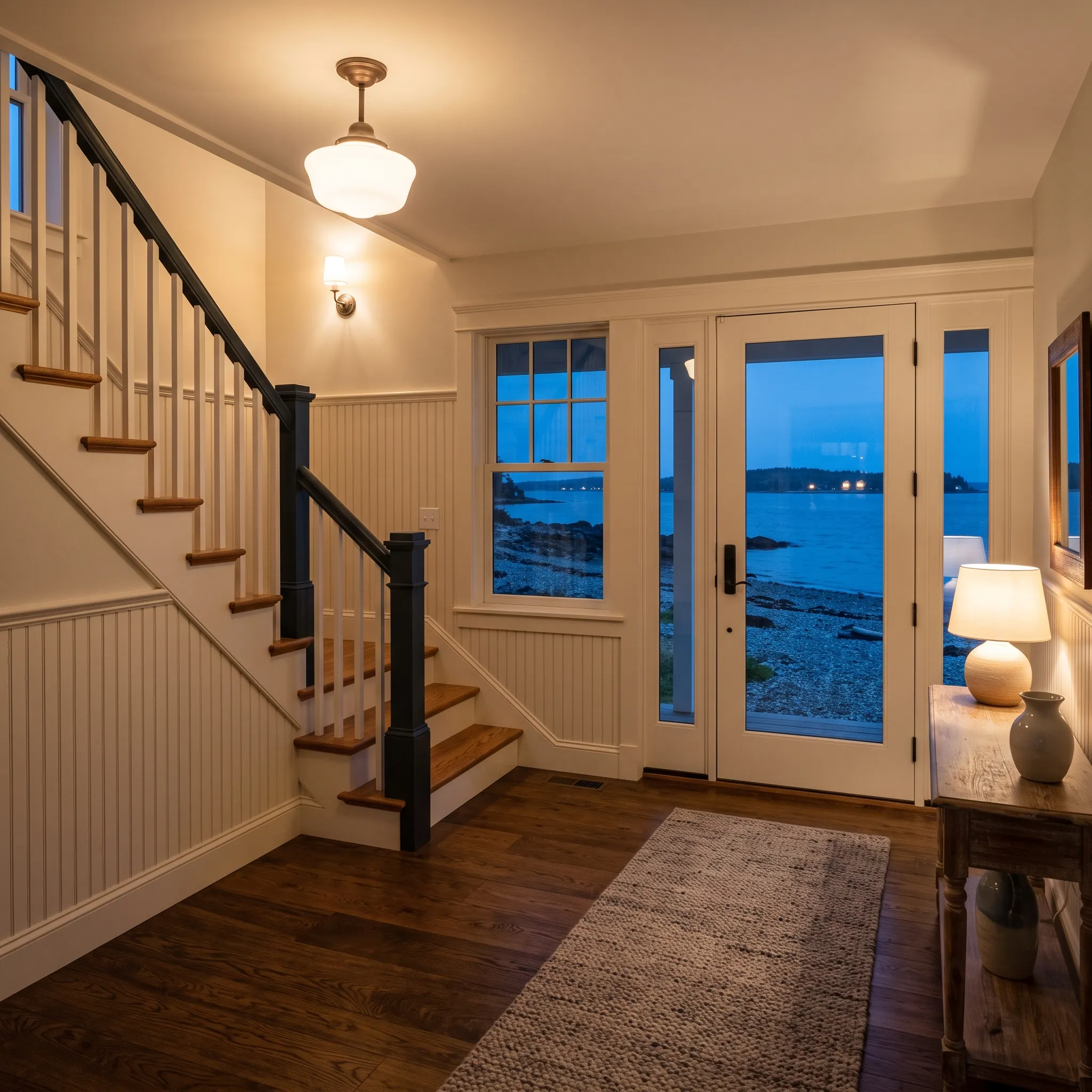 Residential general contractor Lincolnville Maine: entry hall with staircase, wainscot and glass door looking onto the water at dusk