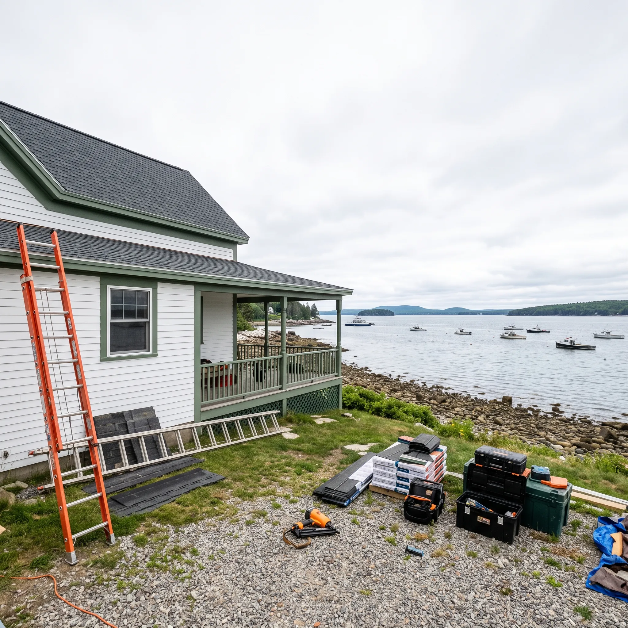 Construction company Lincolnville Maine: white house with green trim and porch, orange ladder, shingle bundles and toolboxes by the shore