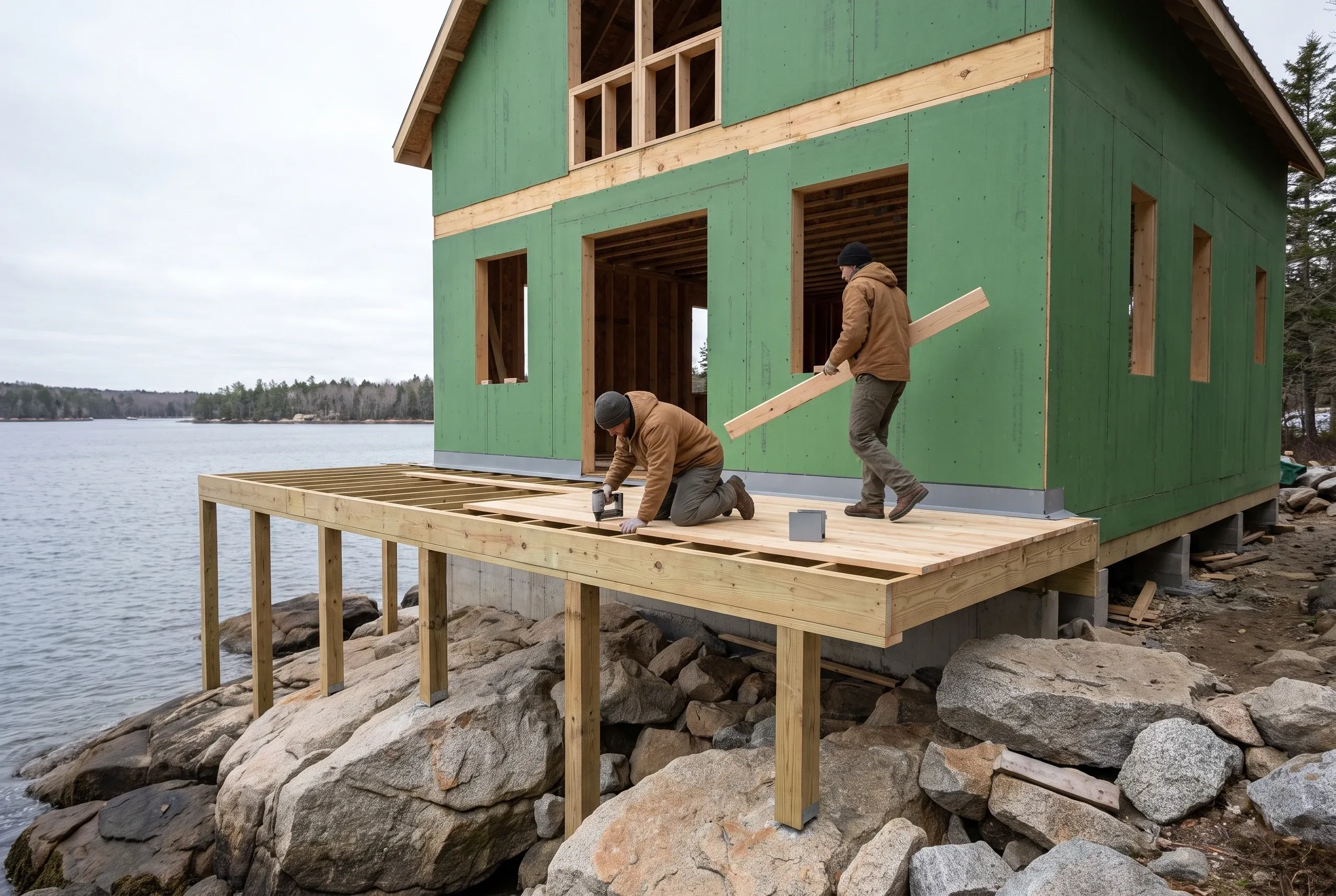 General contractor Lincolnville Maine: two-story house in green sheathing, two workers decking a frame on posts over a rocky shore