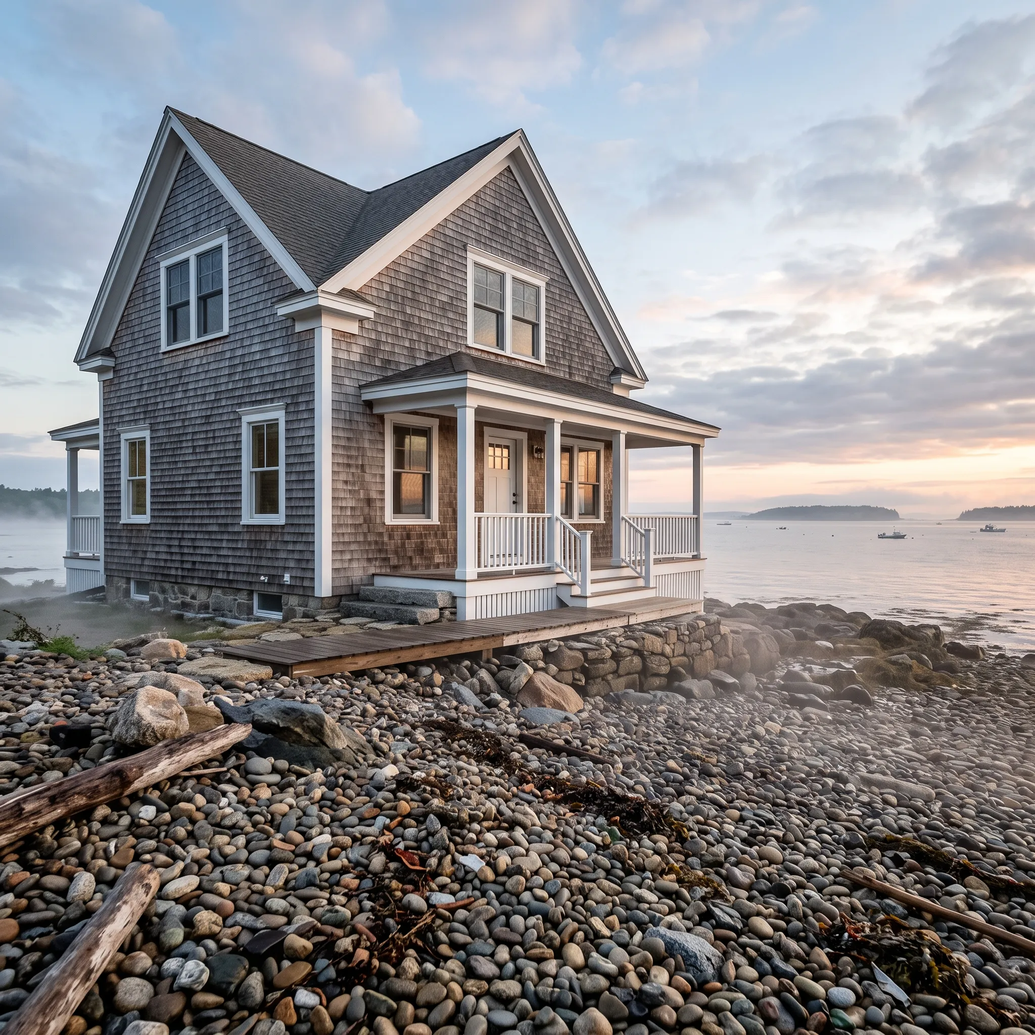 Residential general contractor Lincolnville Maine: gray cedar shingle cottage with white porch and fieldstone base on a cobble beach