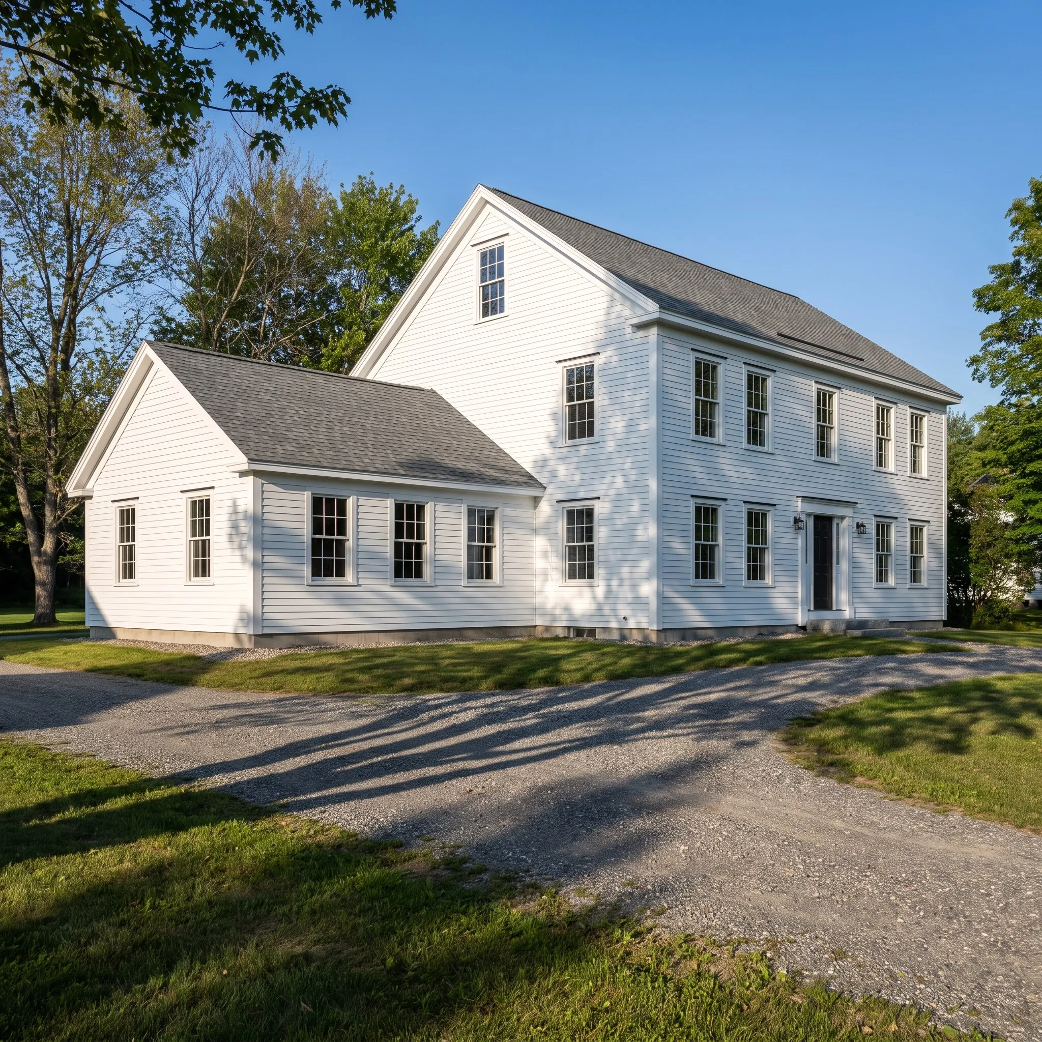 General contractor in Pittsfield, ME: finished white clapboard farmhouse with ell wing and gravel drive on a sunny lawn