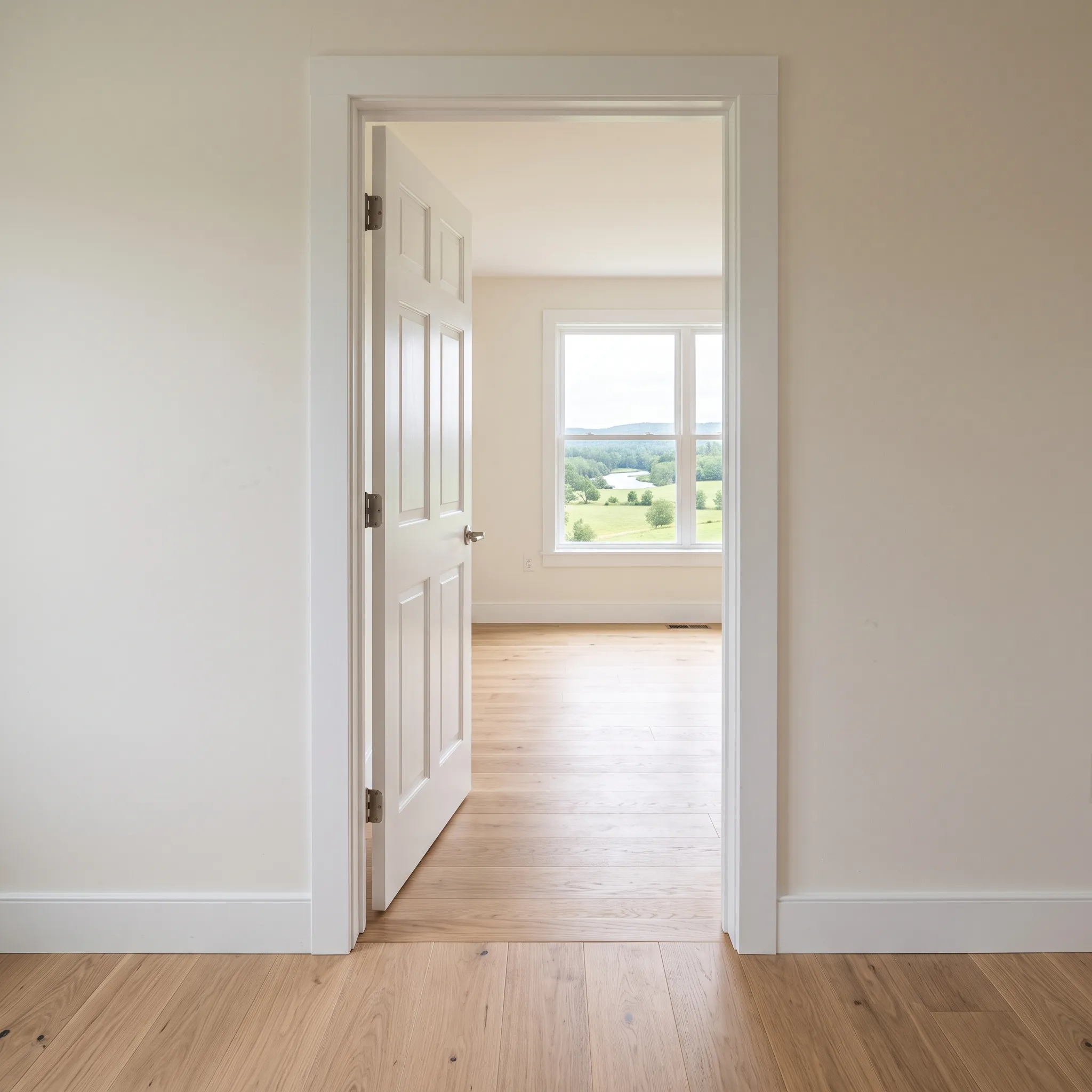 Residential general contractor Pittsfield Maine: open white door into an empty room with a window, light oak floor and painted trim