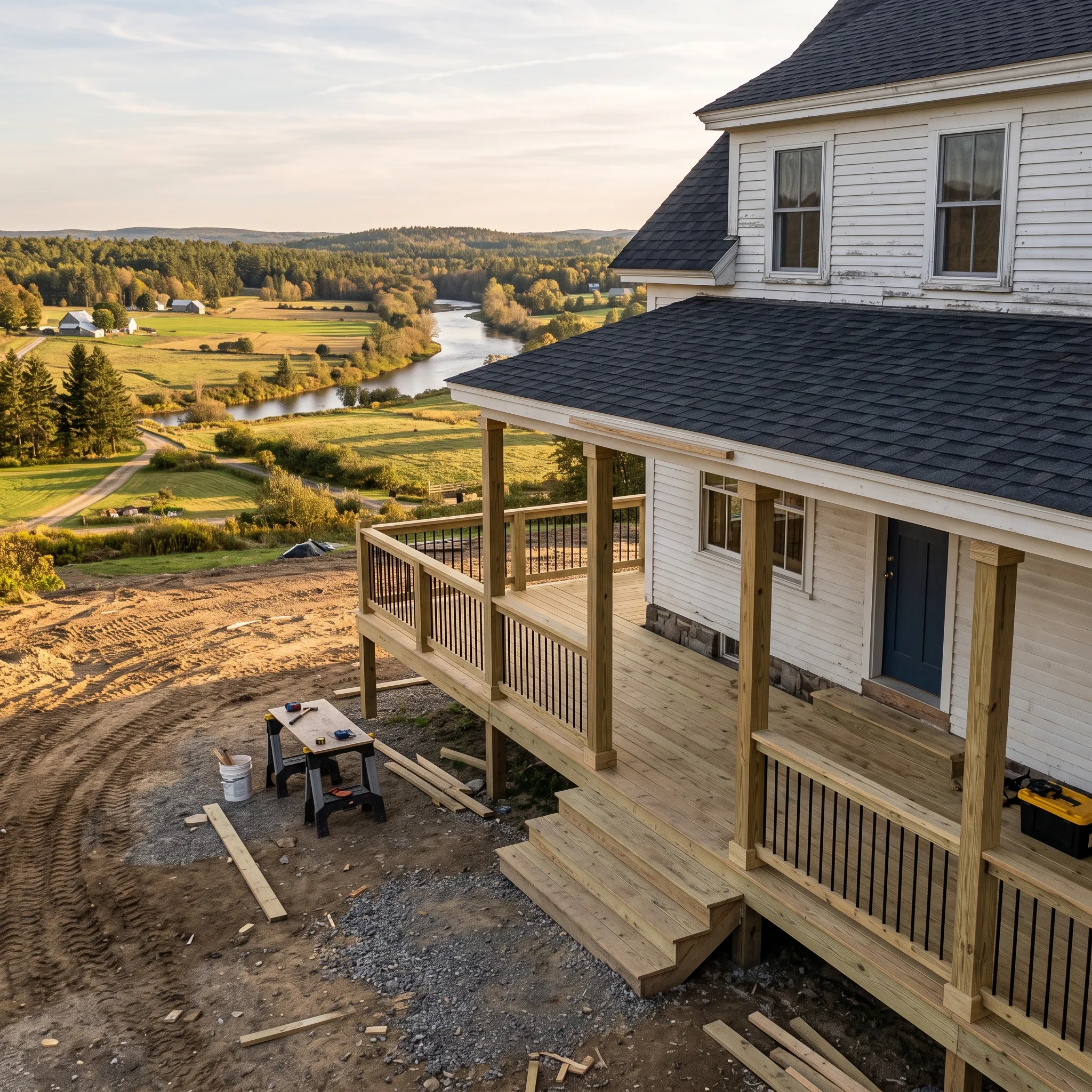 Construction company Pittsfield Maine: new pressure-treated farmer's porch with rails on a white clapboard house over graded dirt