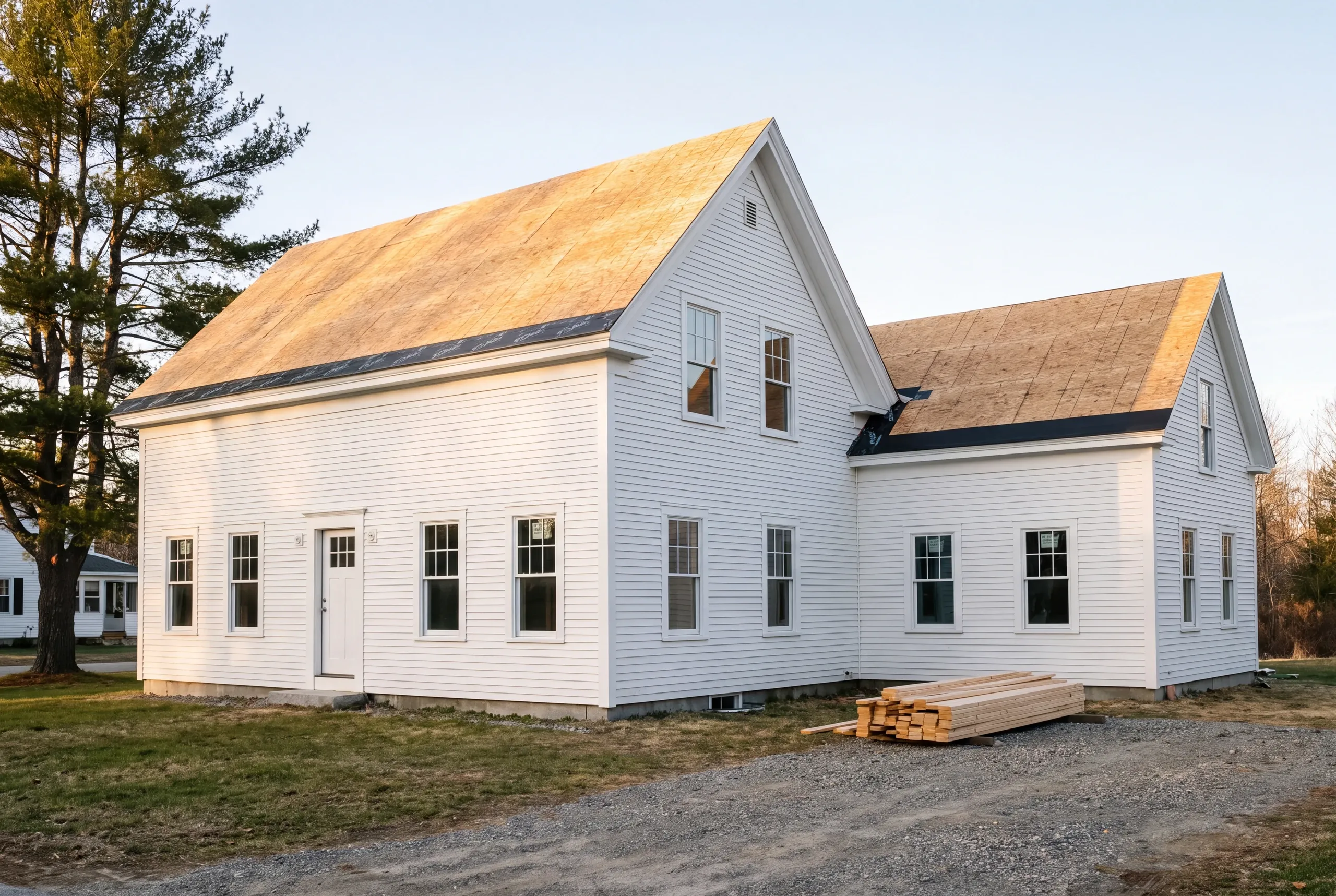 General contractor Pittsfield Maine: white farmhouse and ell with roofs down to bare sheathing and a lumber stack on gravel