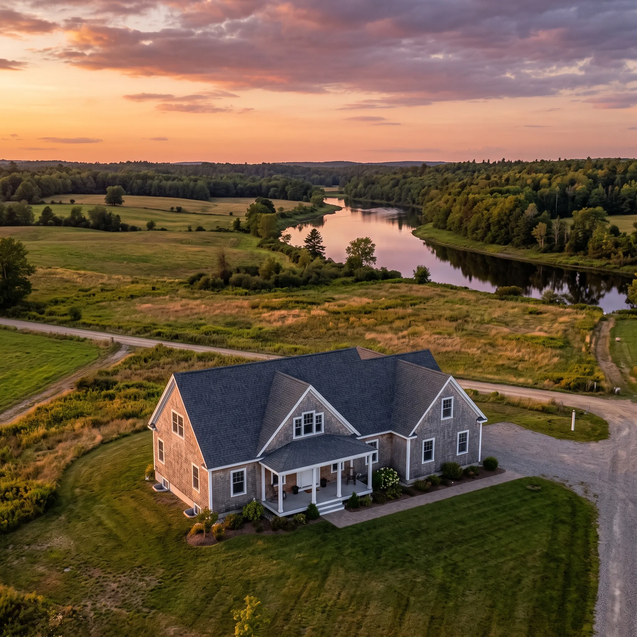 Residential general contractor Pittsfield Maine: aerial of a gray cape with front porch in open fields above a river at sunset