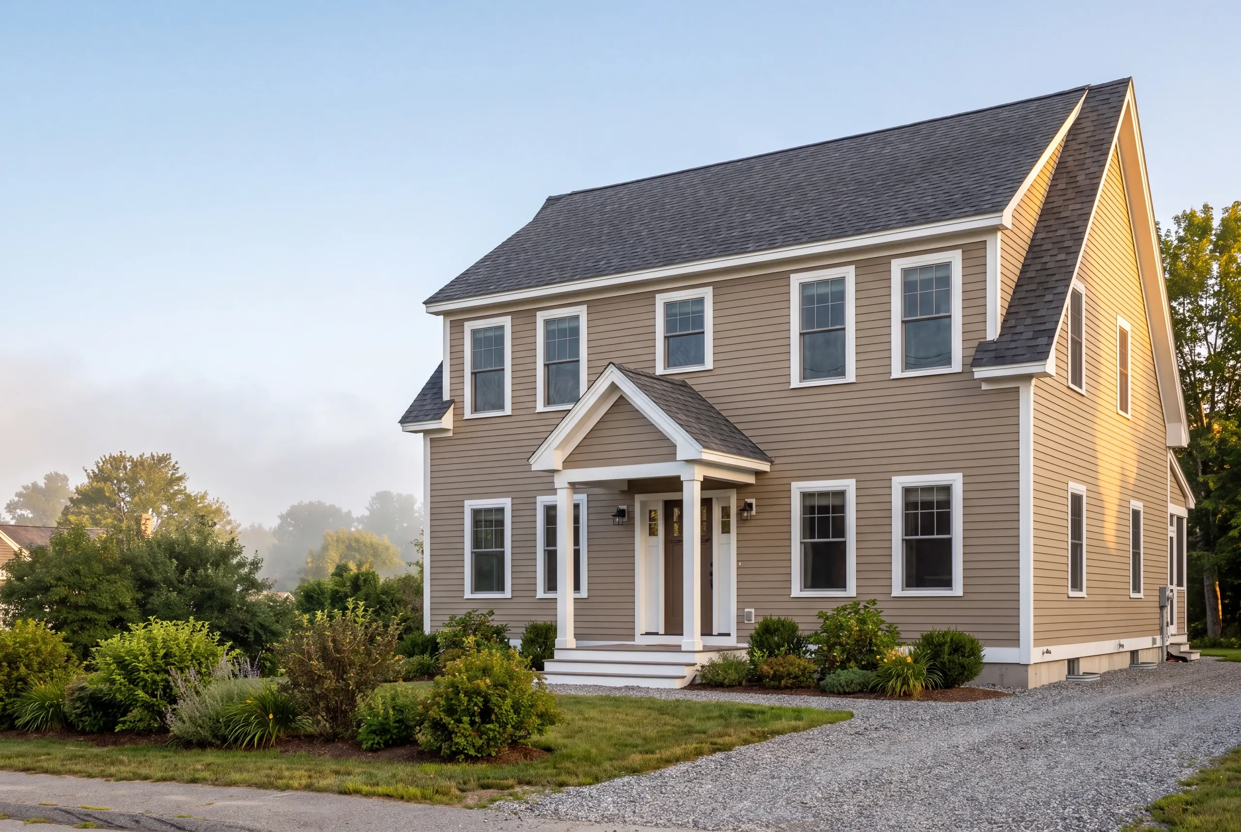 Construction company Pittsfield Maine: tan two-story colonial with gable portico, shrubs and a gravel drive
