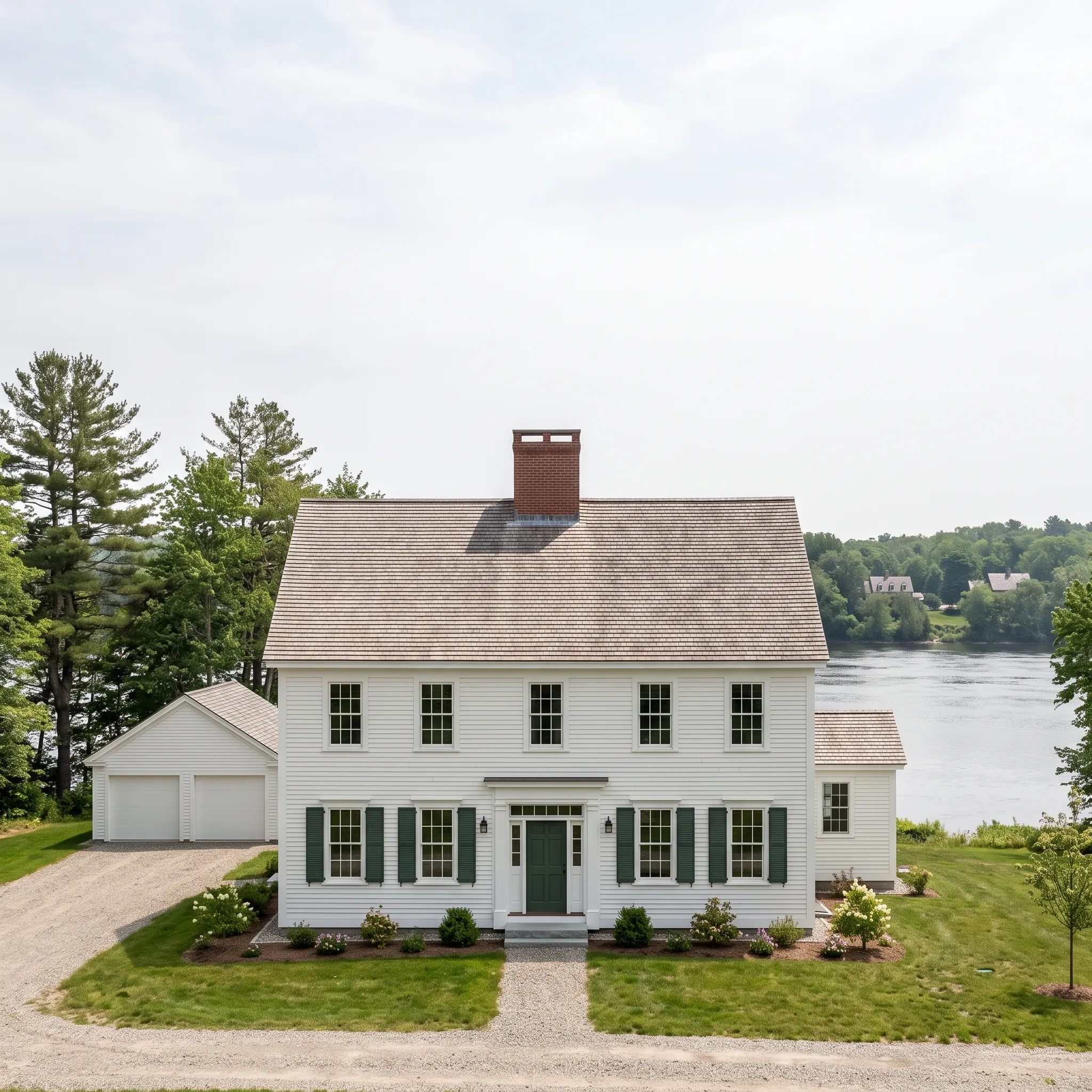 General contractor in Pittston, ME: aerial of a white colonial with black shutters, side wing and two-car garage by a river