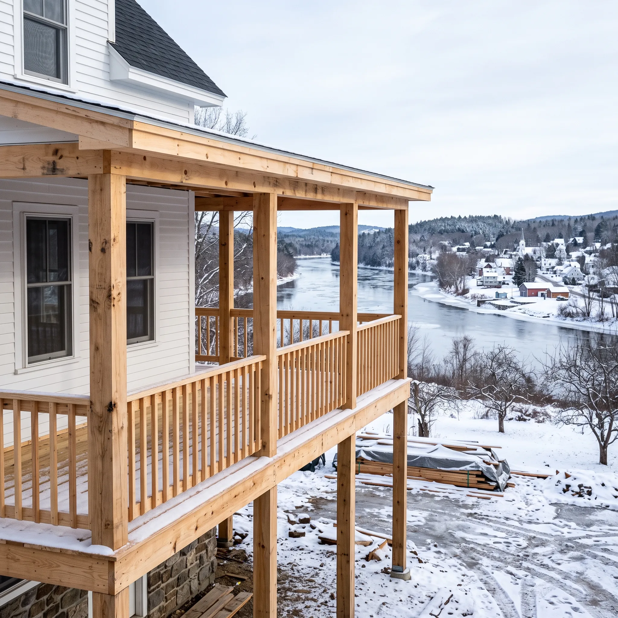 Residential general contractor Pittston Maine: new pressure-treated two-story porch with rails on a white clapboard house in snow