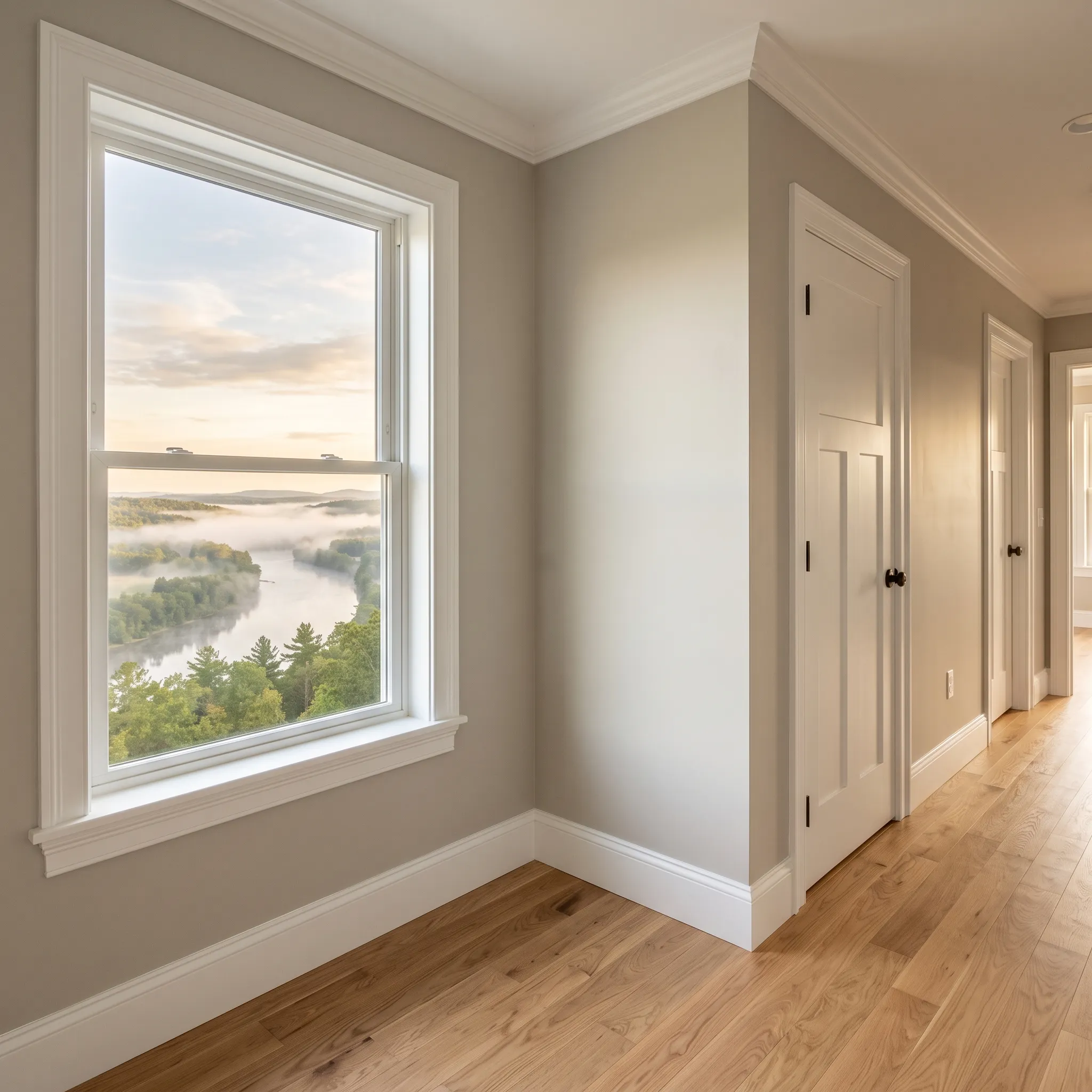 Construction company Pittston Maine: empty room with a tall window over a foggy river, hallway doors and oak floor