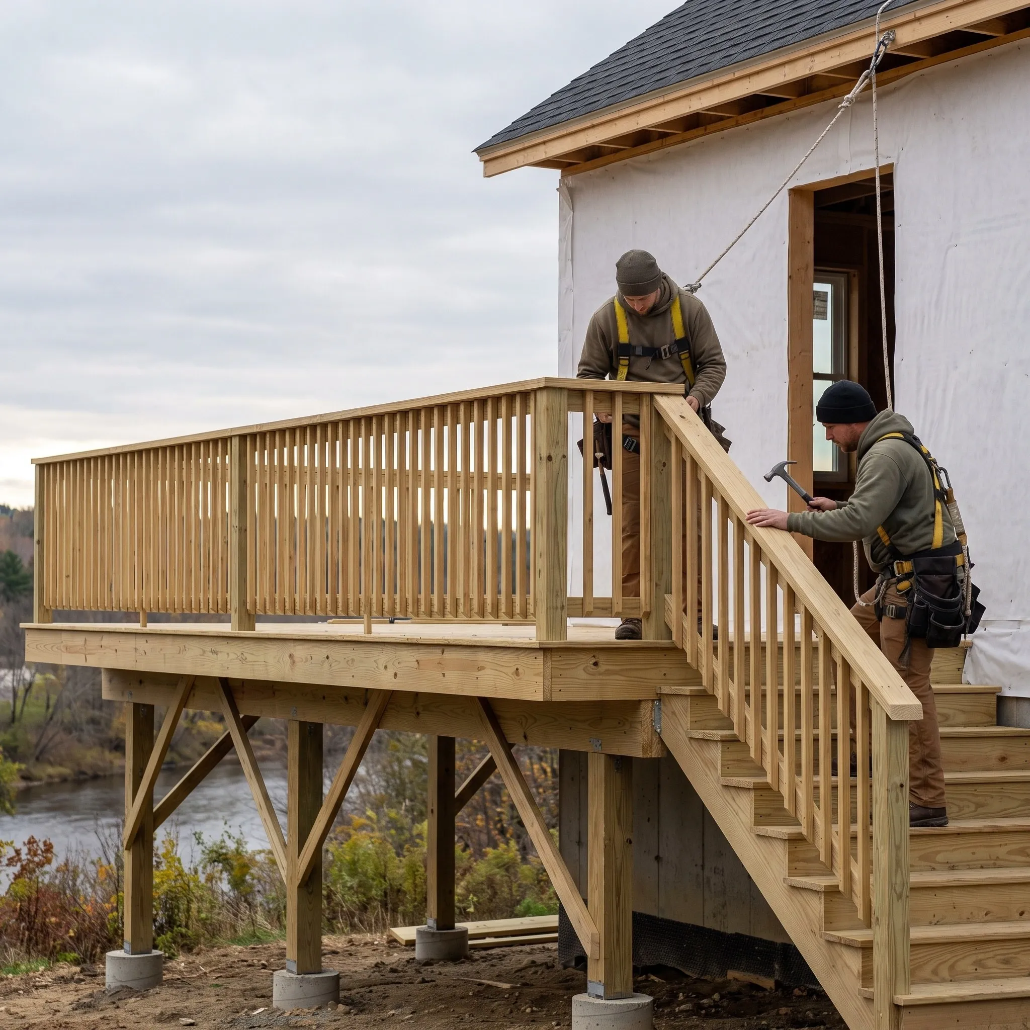 General contractor Pittston Maine: raised pressure-treated deck with baluster railing, braced posts on piers and a stair above a river