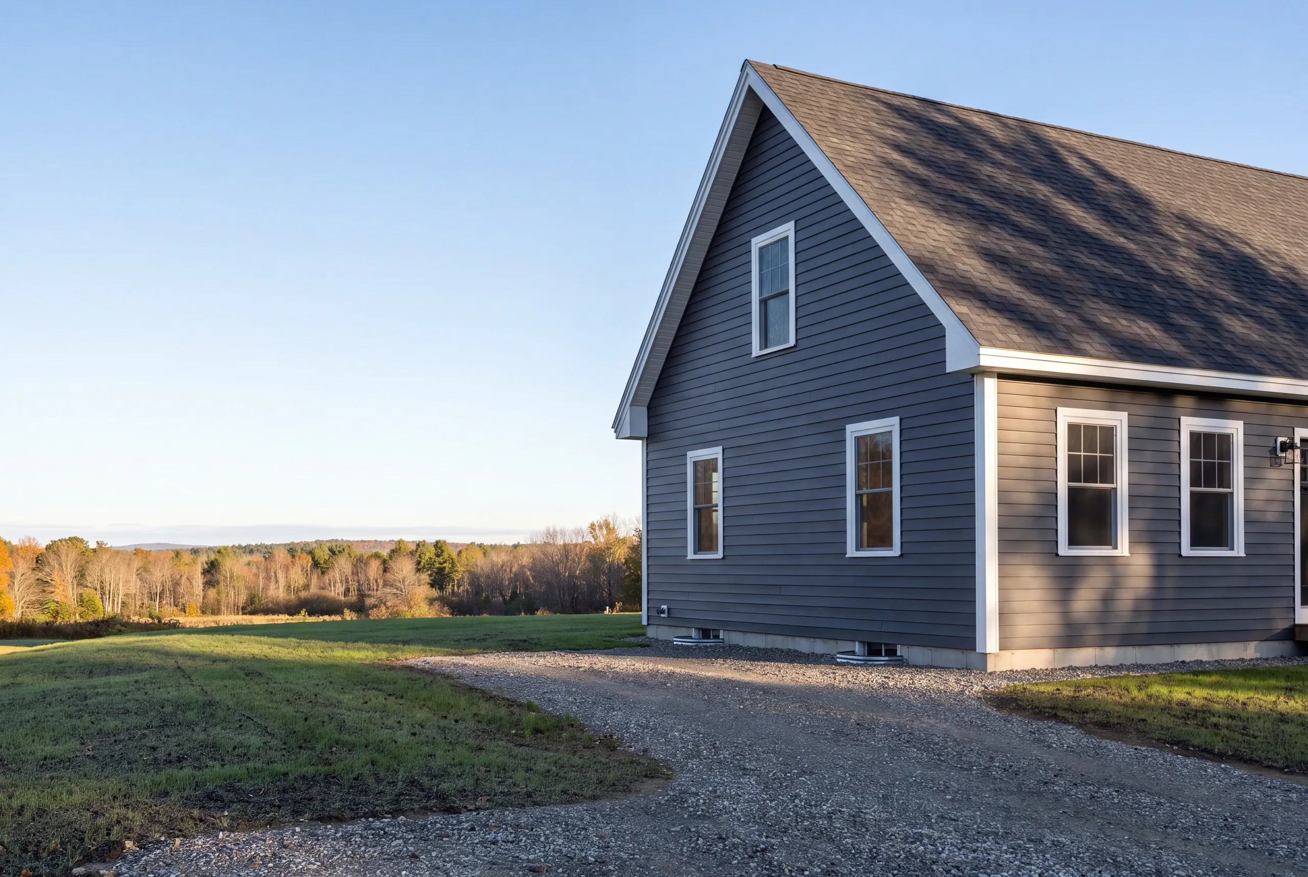 Construction company Pittston Maine: blue-gray cape on a gravel drive with a fall field and treeline beyond