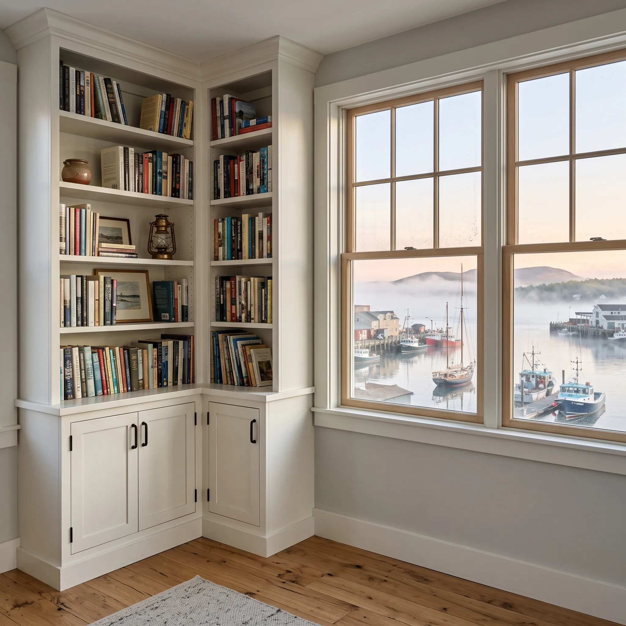 General contractor in Rockland, ME: corner built-in bookshelves and cabinets beside a window over a foggy harbor